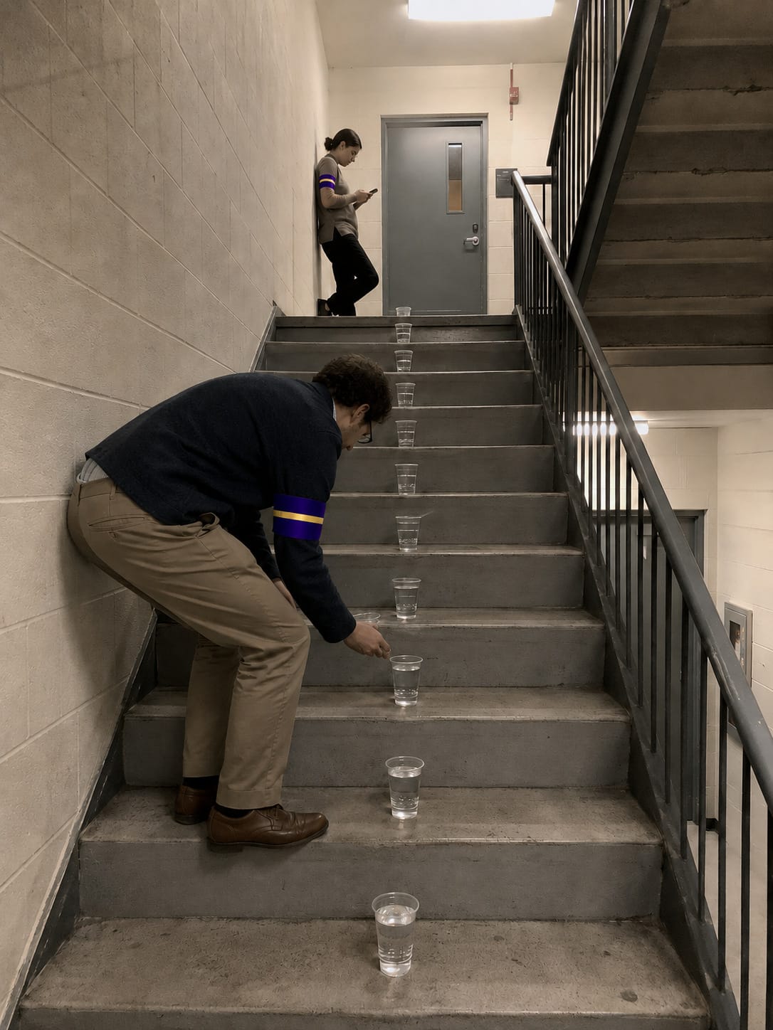 A man carefully centers full cups of water on each office stair while another person waits on the landing.