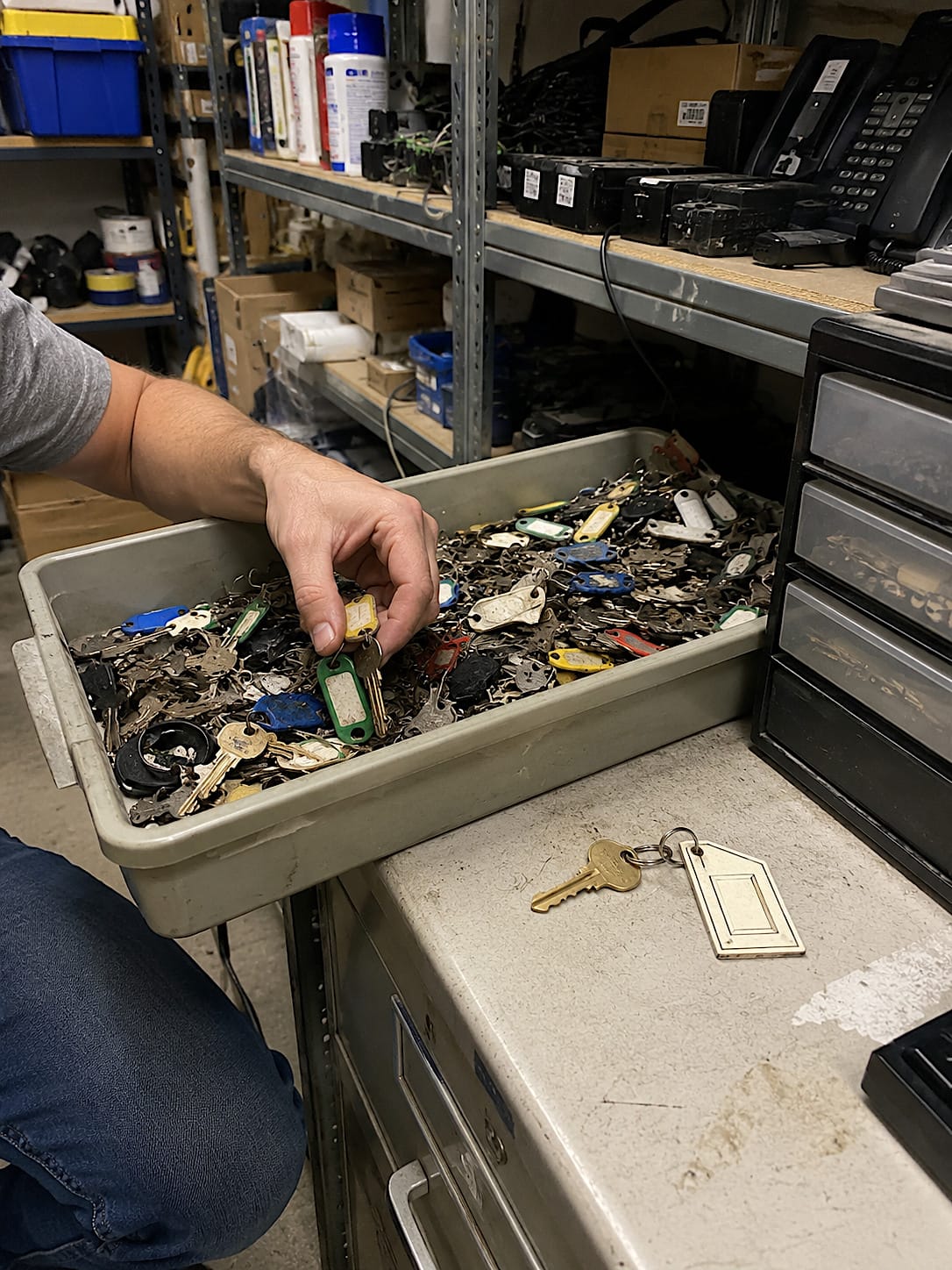 Old office key bin filled with faded tags and mismatched keys, with one brass key beside a blank door-shaped tag.