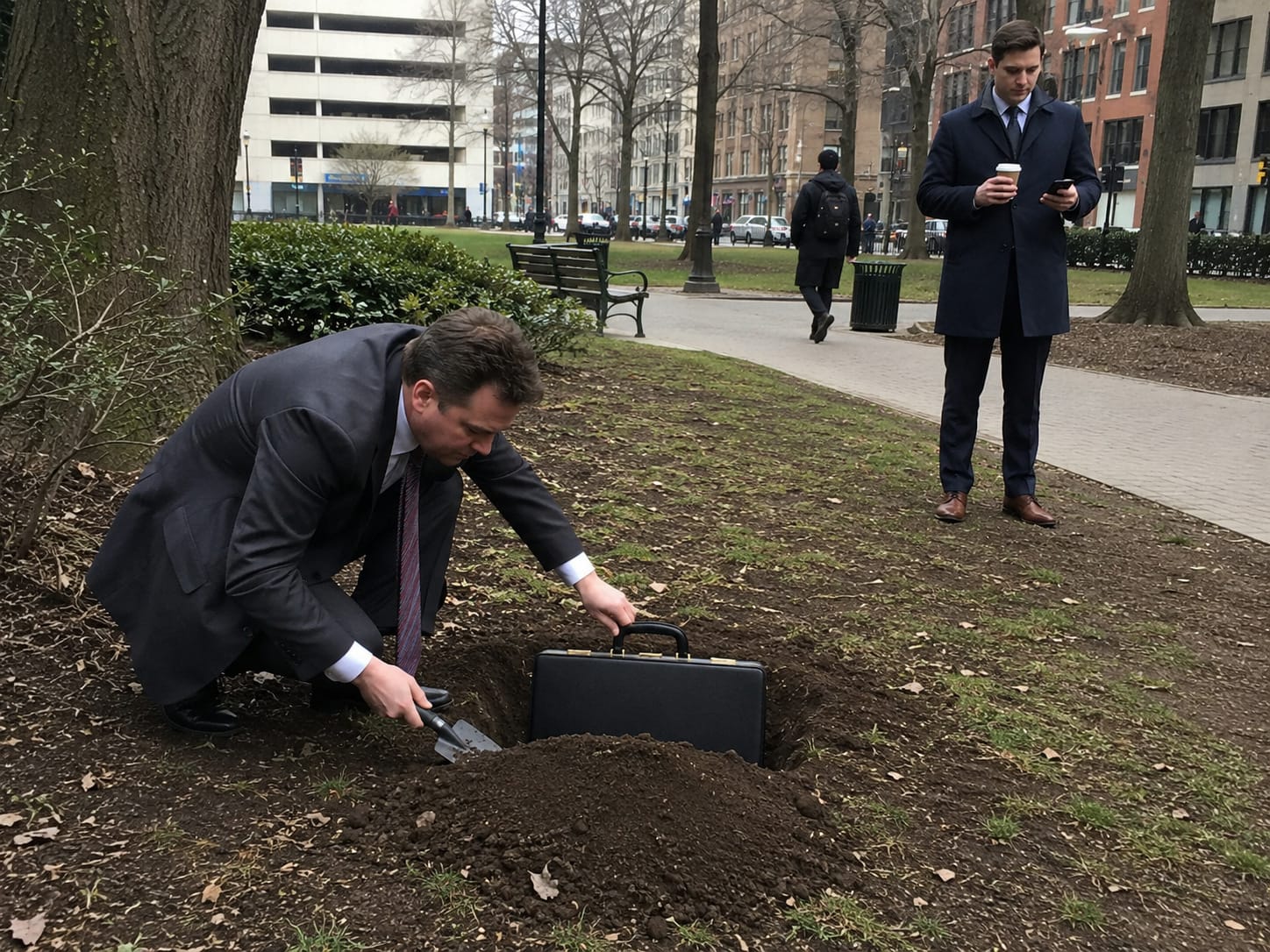 Suited man buries a black briefcase in a gray park while a nearby commuter holds coffee and does not react.