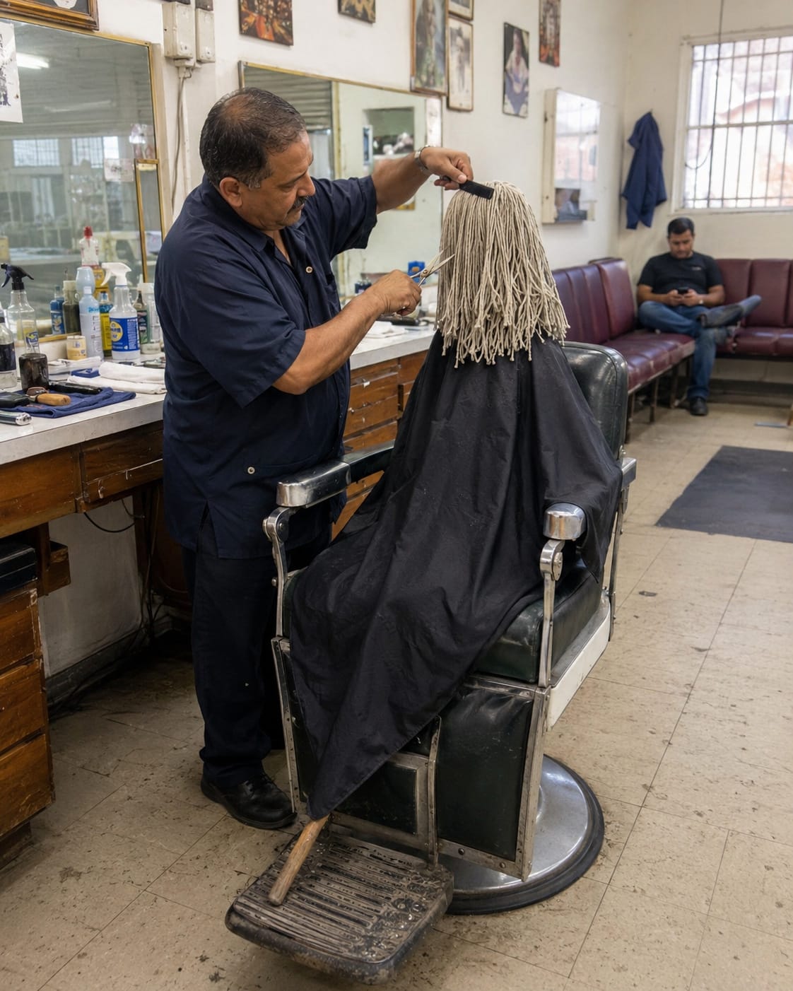 Barber seriously trims a mop propped in a barbershop chair under a cape while a waiting customer barely reacts.