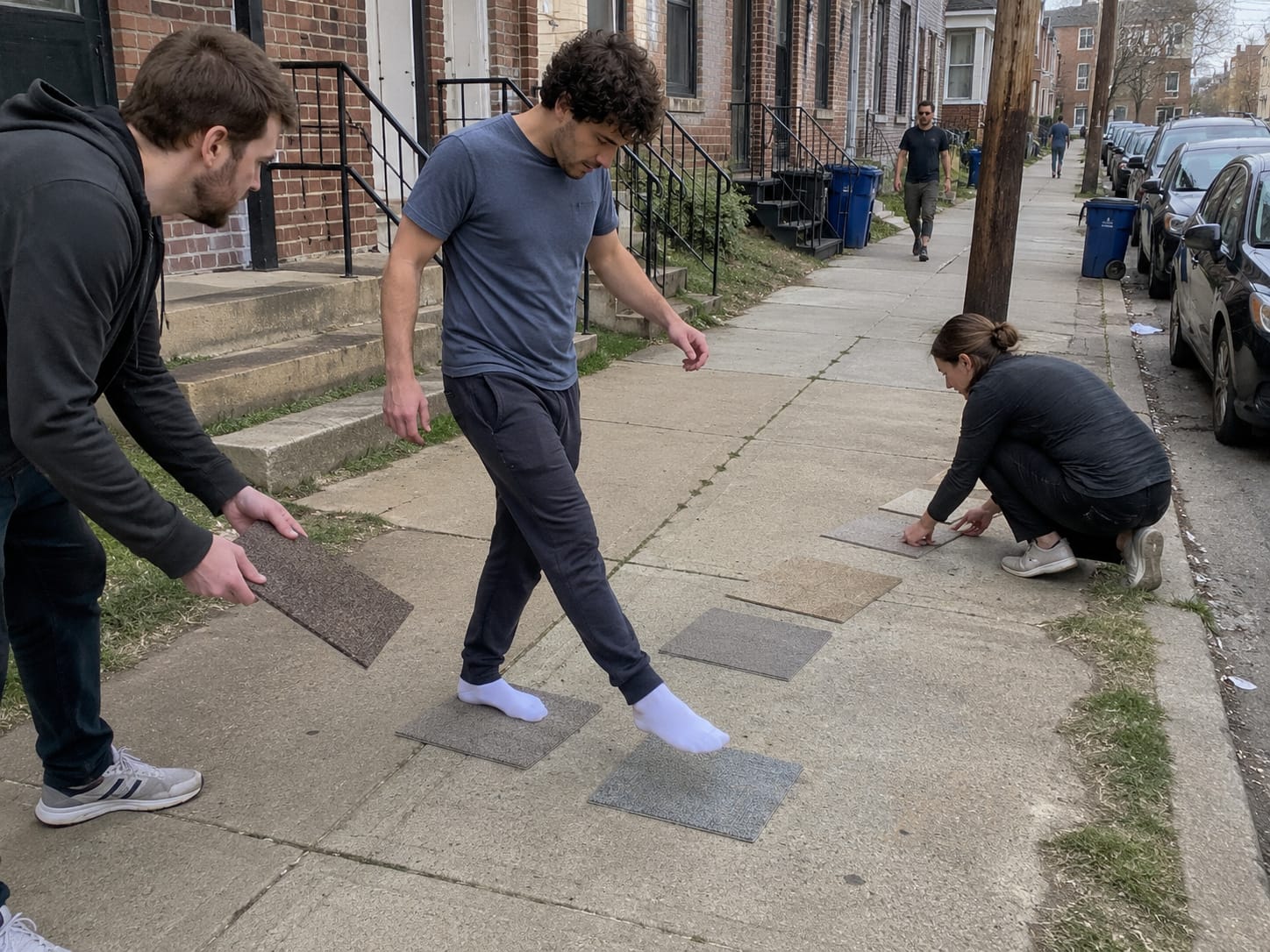 Man in socks crosses a sidewalk on carpet squares while two people move the squares ahead of him.