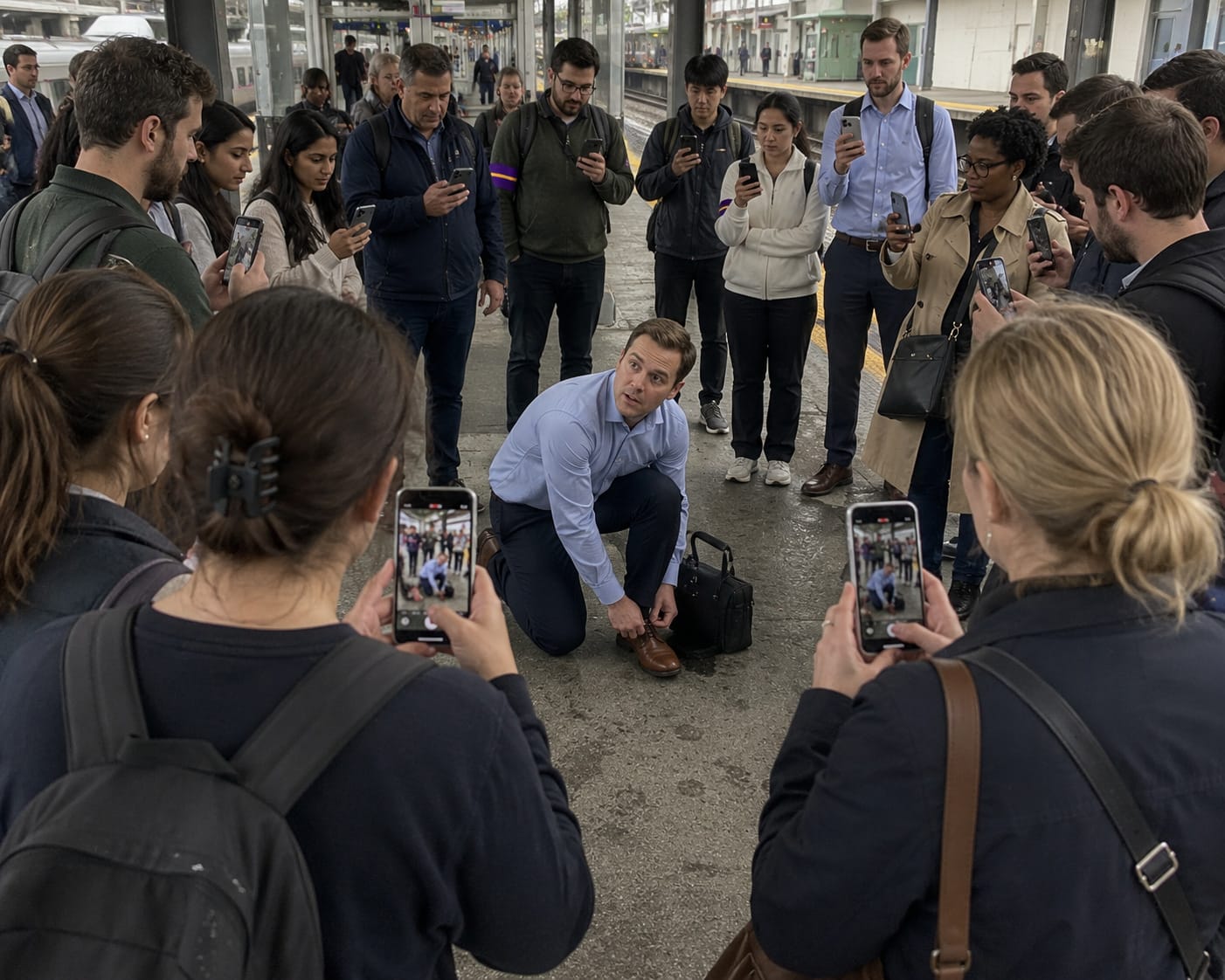 Commuters film a man tying his shoe on a train platform after mistaking him for someone from a local news story.