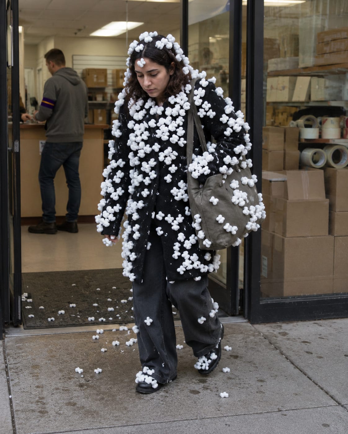 A customer exits a shipping store covered in white packing peanuts while another customer waits inside.