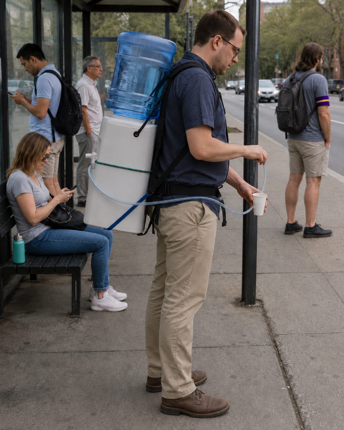 Man at a bus stop carries a full office water cooler on his back and fills a paper cup through a tube.