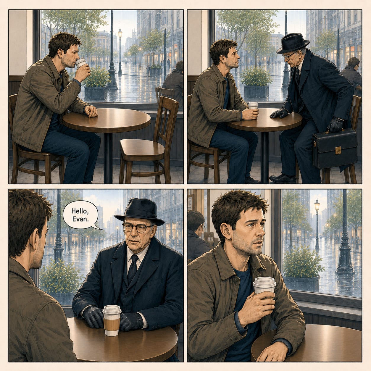 Evan sits alone at a rainy coffee shop table. A formal older man sits down uninvited and greets him by name.