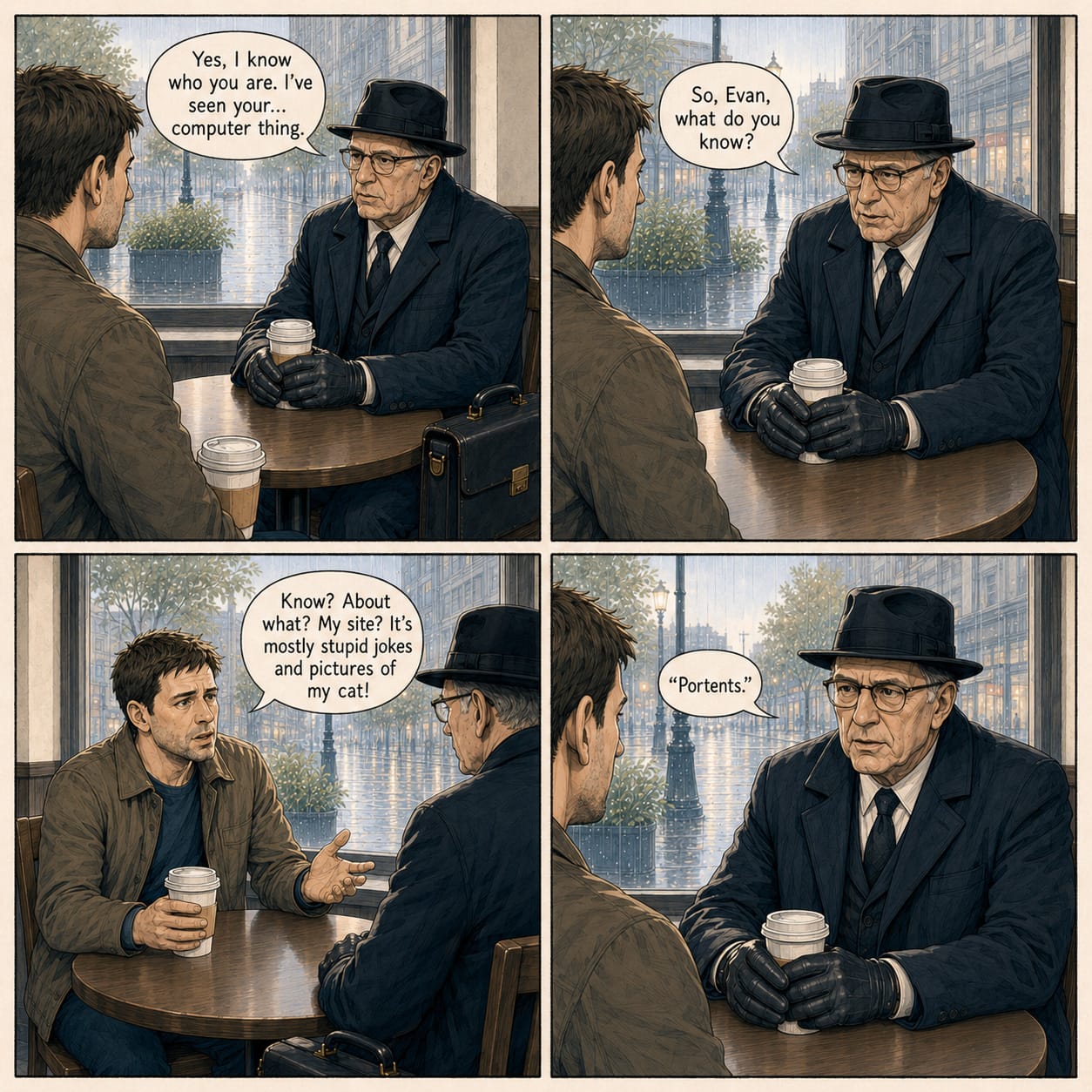 The Formal Man tells Evan he has seen his site, asks what Evan knows, and calls Evan’s posts “Portents.”