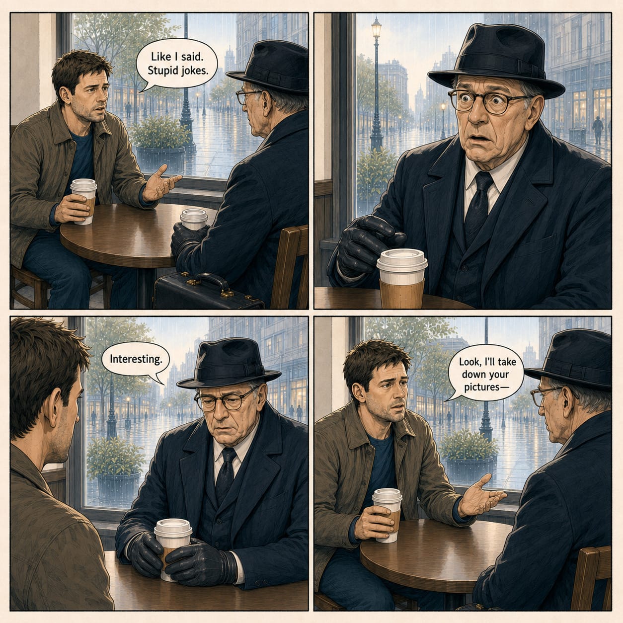 Evan says the posts are stupid jokes. The Formal Man looks stunned, then says “Interesting” as Evan offers to remove his pictures.