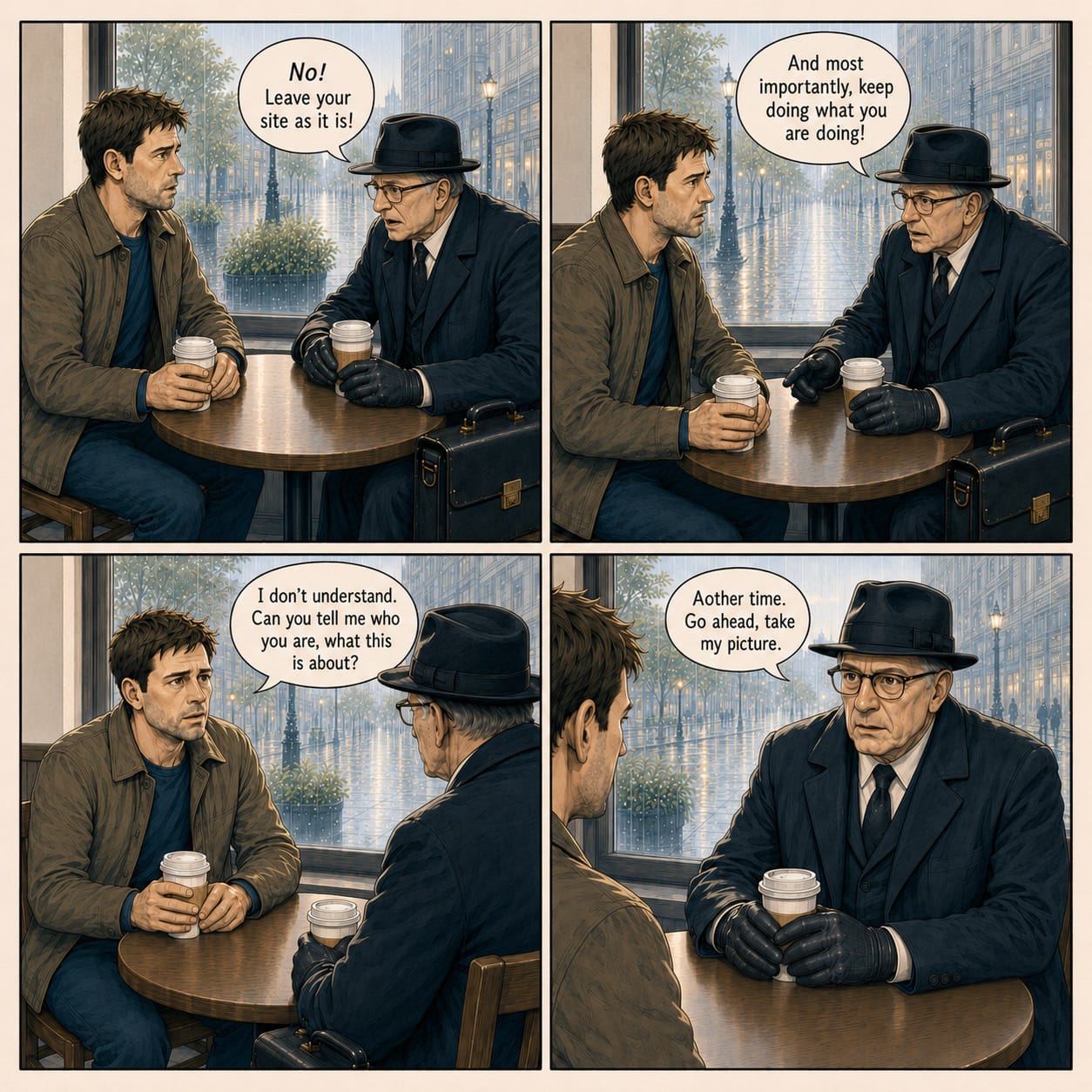 The Formal Man urgently tells Evan not to change the site, says to keep going, and asks Evan to take his picture.