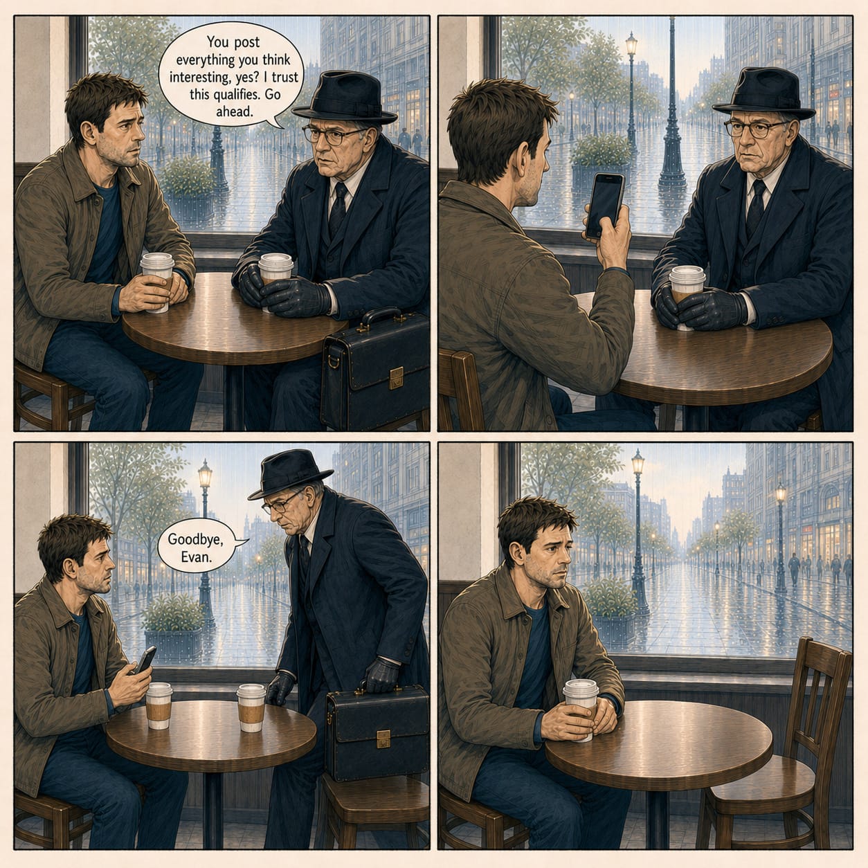 The Formal Man explains the meeting qualifies as interesting, Evan takes his photo, and the man leaves Evan alone and shaken.