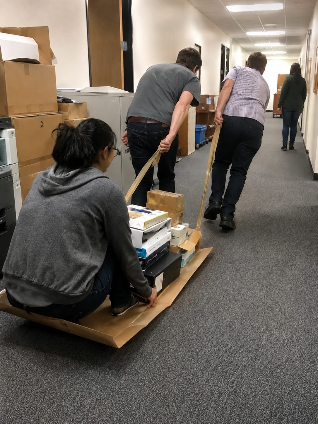 Three office workers drag supplies down a carpeted hallway on a flattened cardboard box, with one riding on the back.