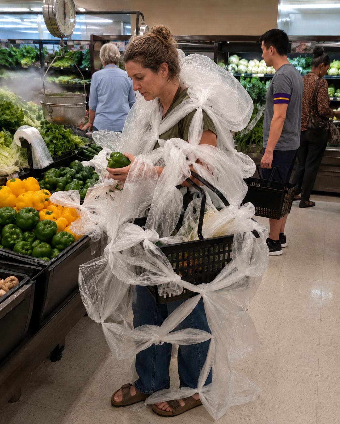 Shopper tangled in produce bags calmly inspects peppers in a grocery store aisle.