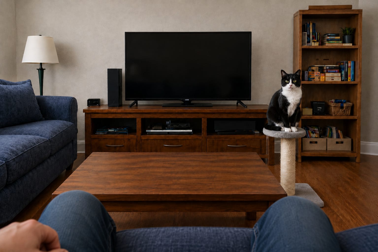 Mabel sits formally atop a new scratching post beside Evan’s coffee table, using it more like a judging tower.