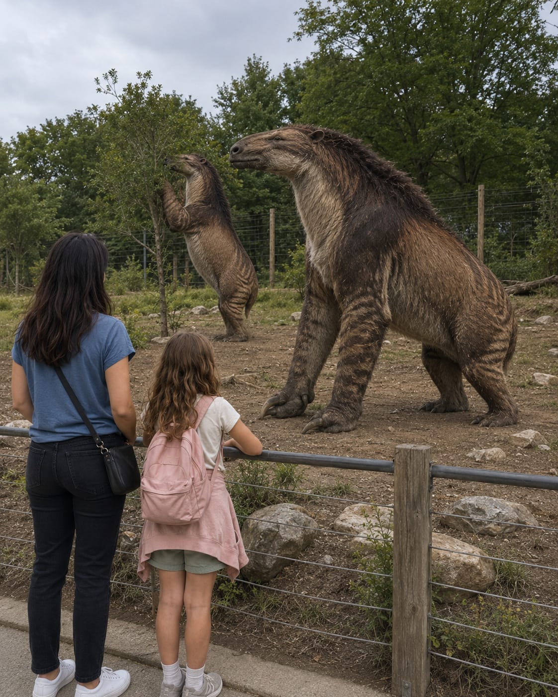 Nora and Julie watch large Anisodon Grandes in a zoo enclosure, including one standing on long forelimbs.