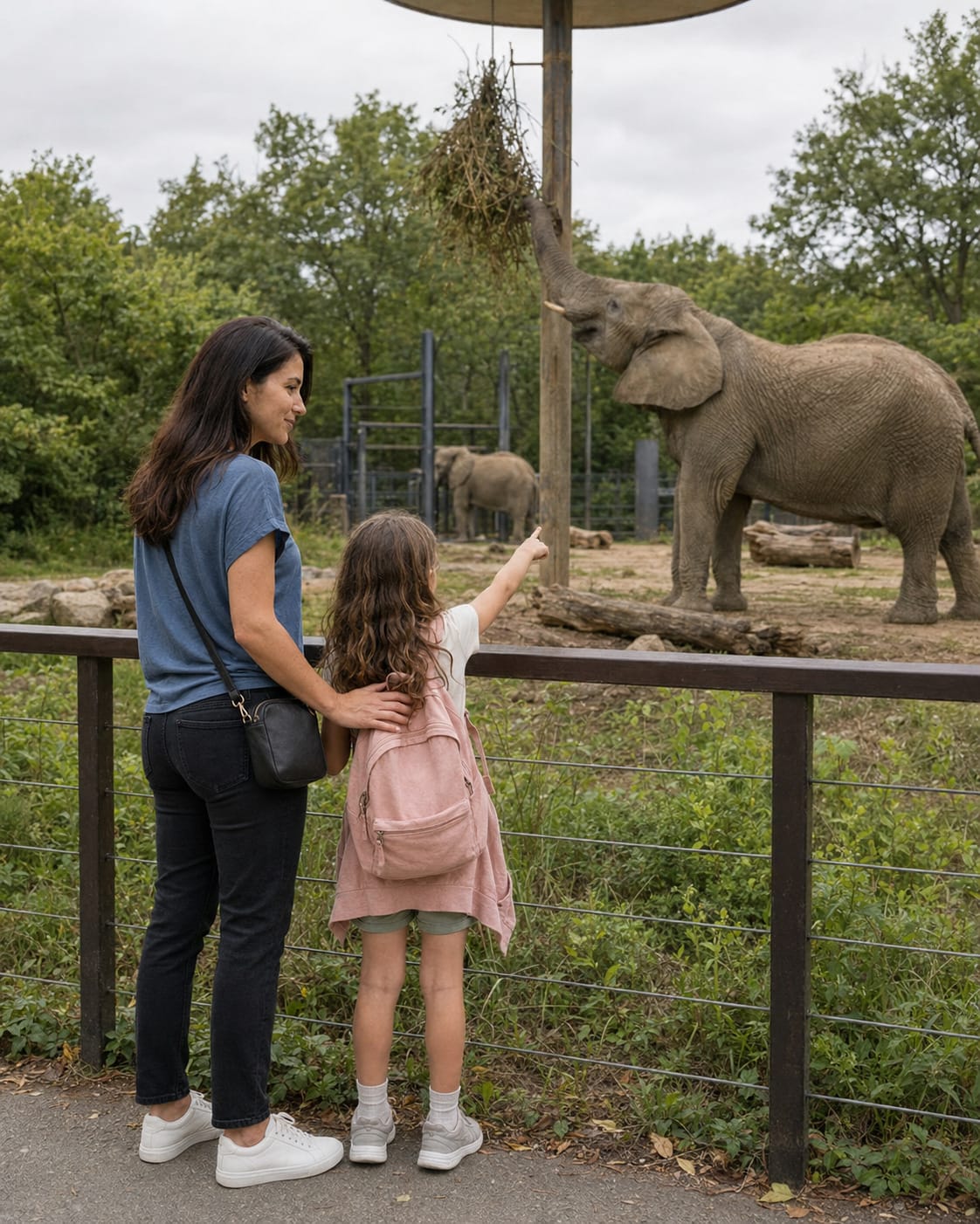 Nora and Julie watch elephants in a zoo habitat on a warm, overcast day.
