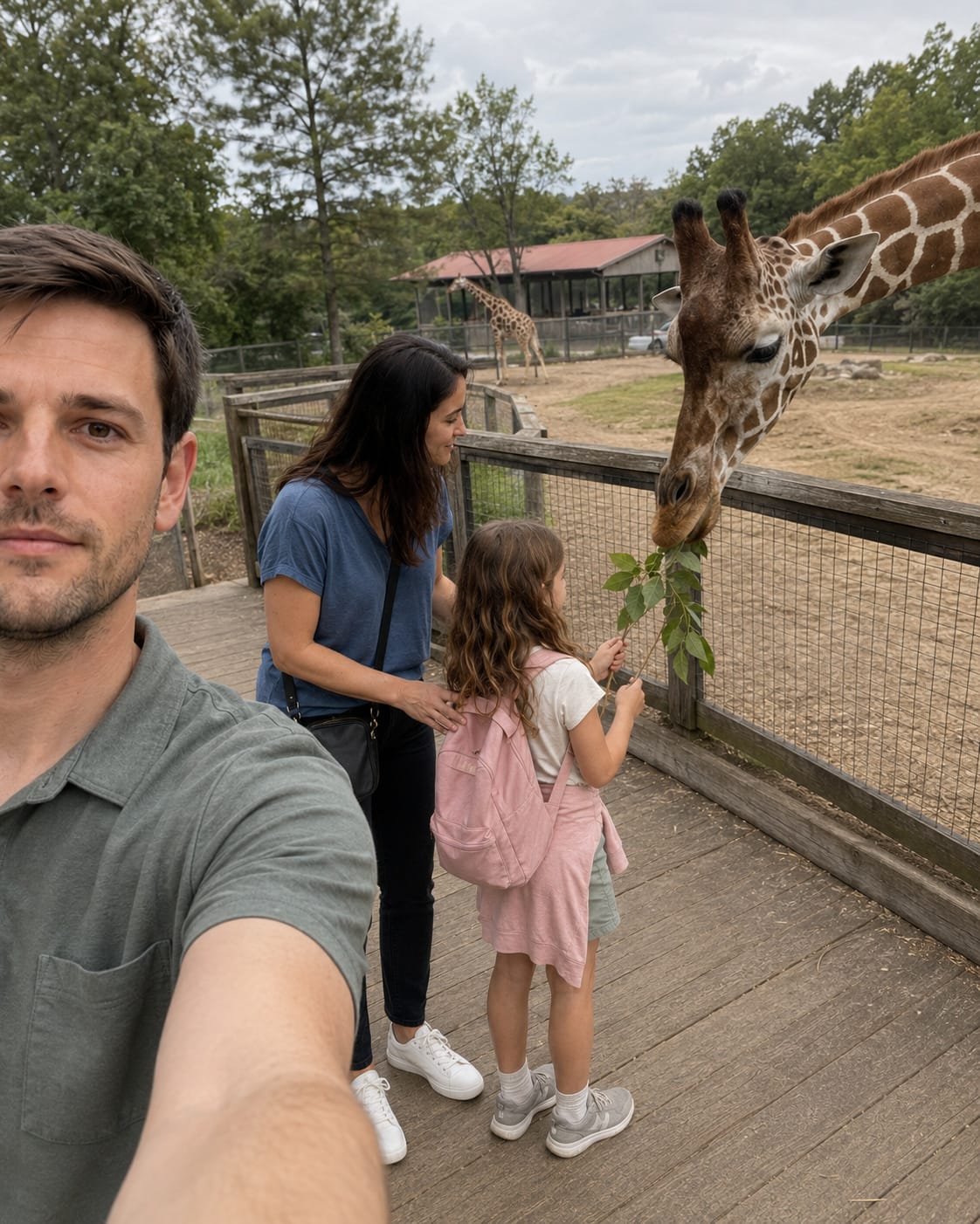 Evan takes an awkward partial selfie as Nora and Julie feed or watch giraffes at the zoo.