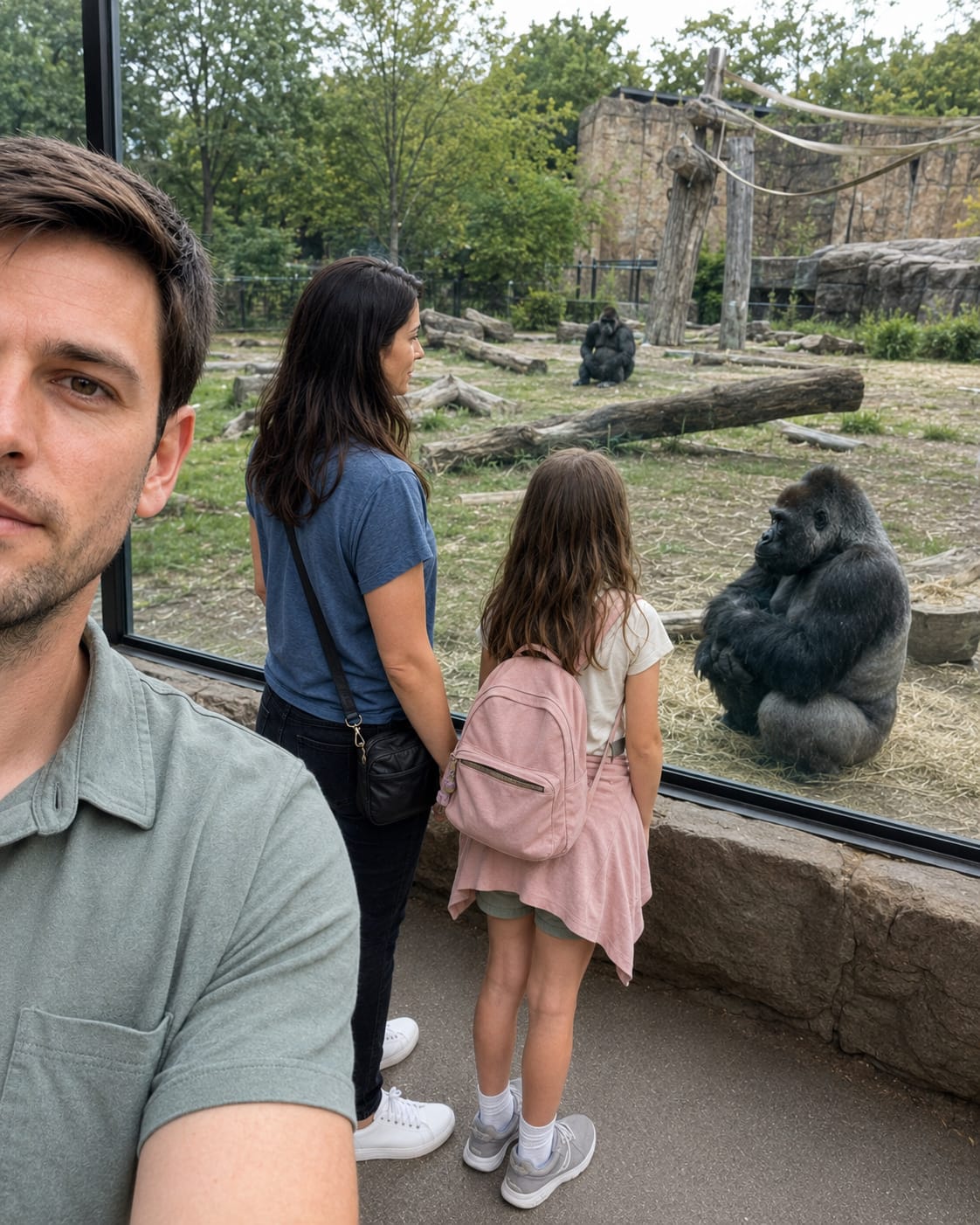 Evan takes a partial selfie while Nora and Julie watch gorillas through the zoo viewing glass.