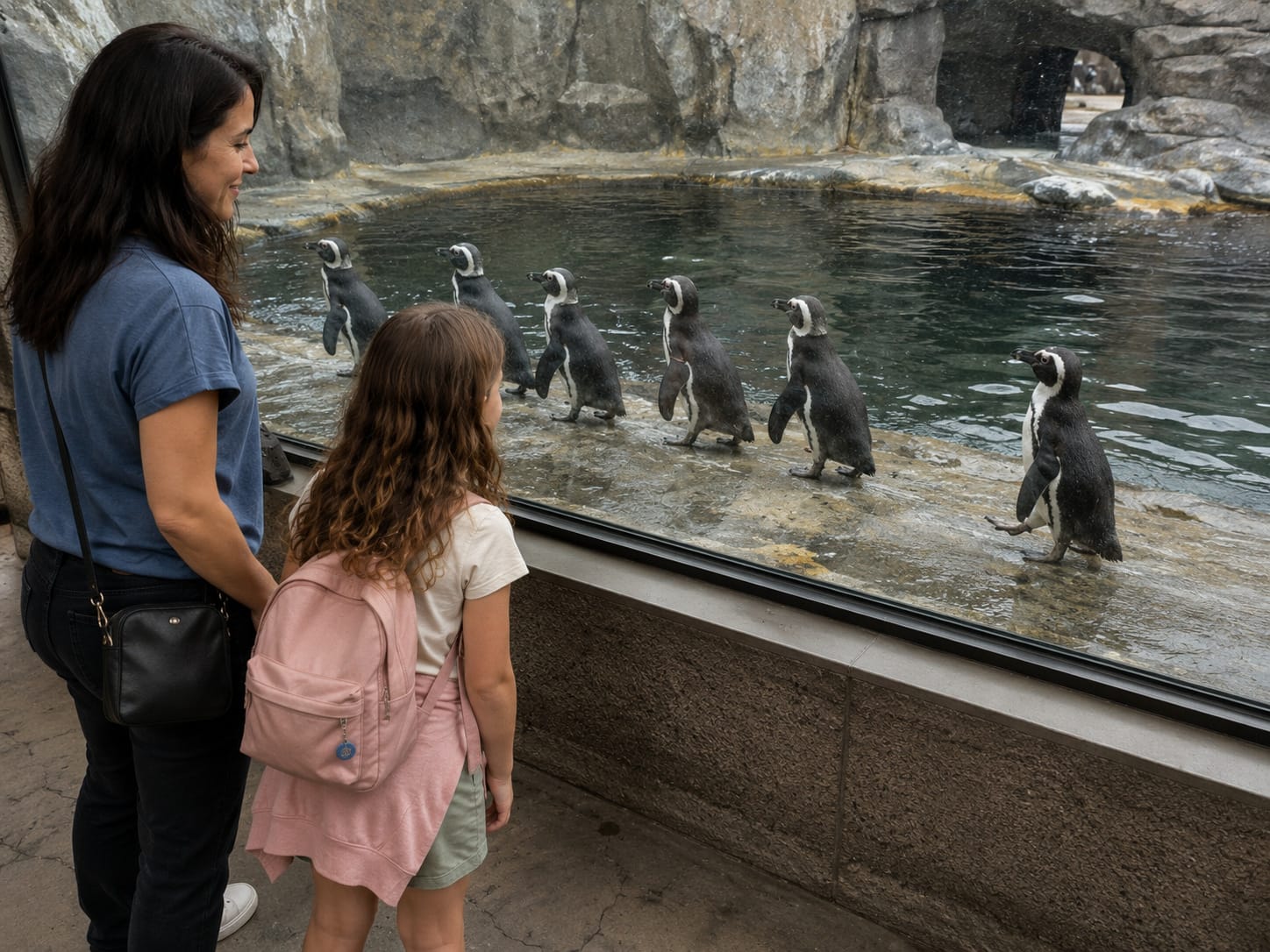 Nora and Julie watch a line of penguins at the glass, with one penguin heading the wrong way.