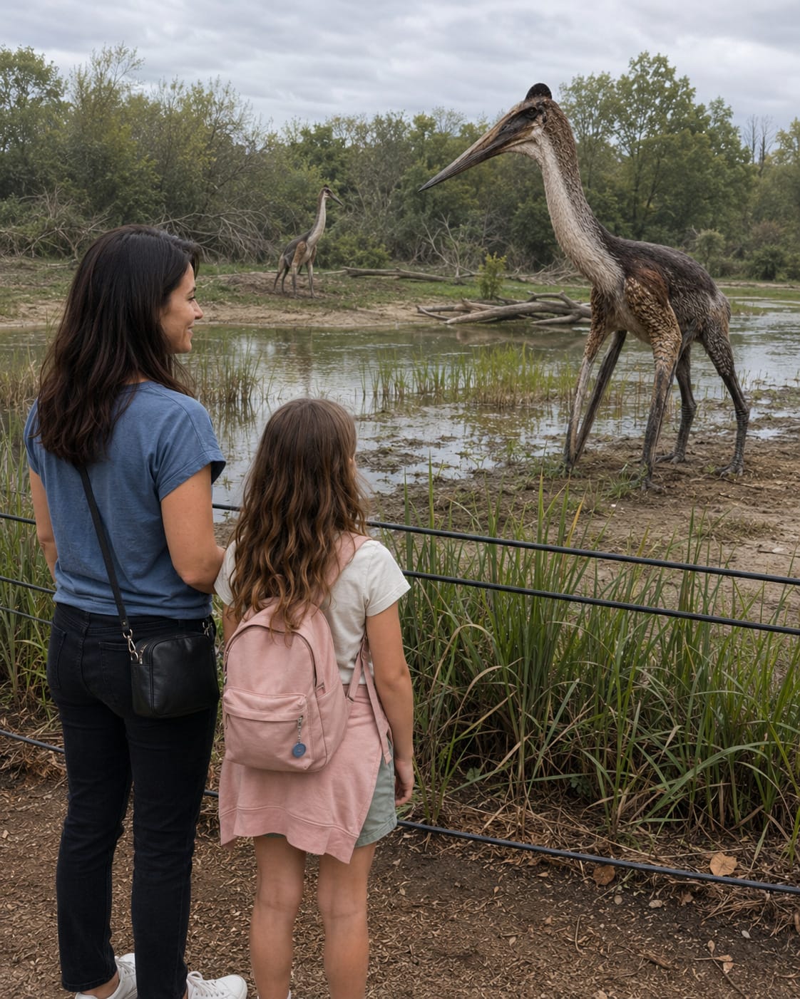 Nora and Julie stand at a zoo rail watching tall flightless azhdarchids in a wetland habitat.