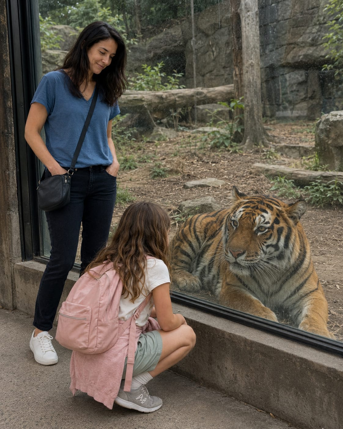 Nora and Julie look into a tiger enclosure while the cat rests nearby behind the barrier.