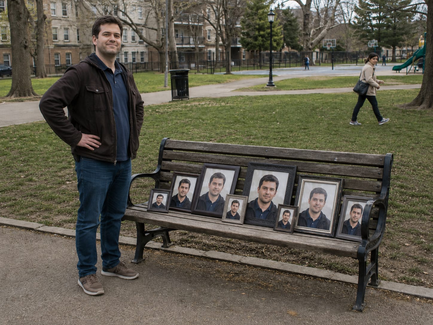 Man stands proudly beside a park bench covered with framed portraits of himself in different sizes.