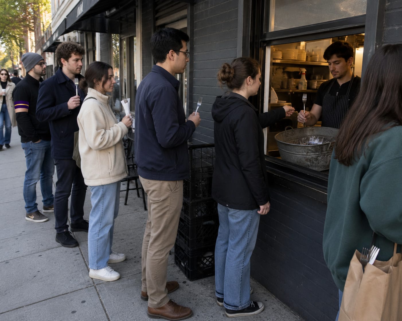 Customers line up at a restaurant side window, each holding a fork for return while a worker collects them in a tub.