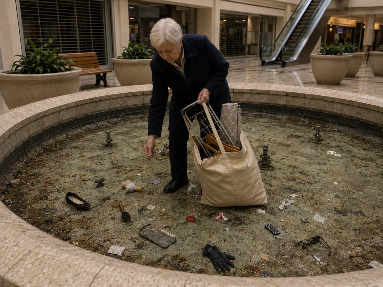 Shopping Lady stands in a dry mall fountain, picking through discarded objects and placing them into her large canvas bag.