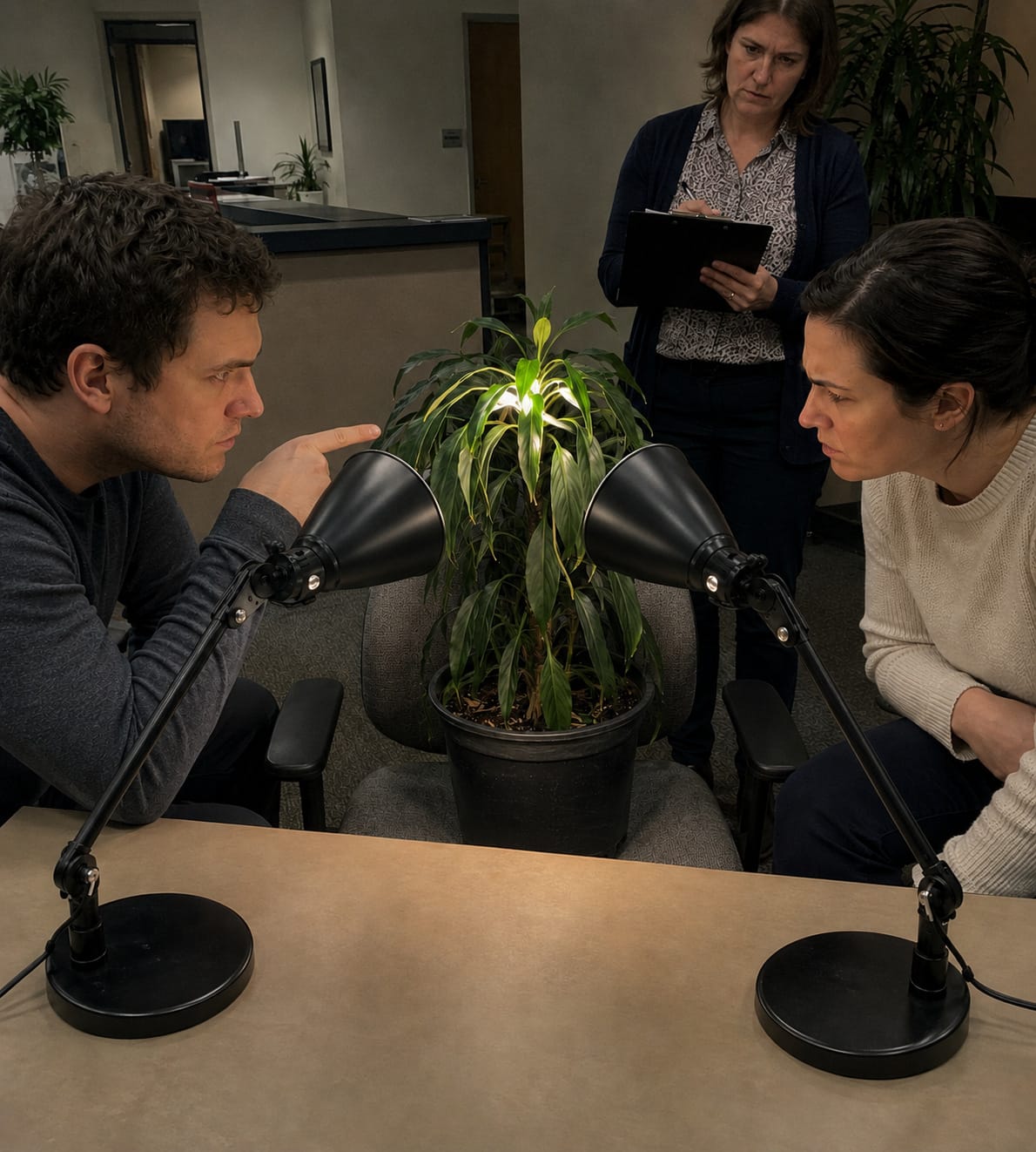 Office workers interrogate a potted plant under desk lamps while a third employee takes notes on a clipboard.