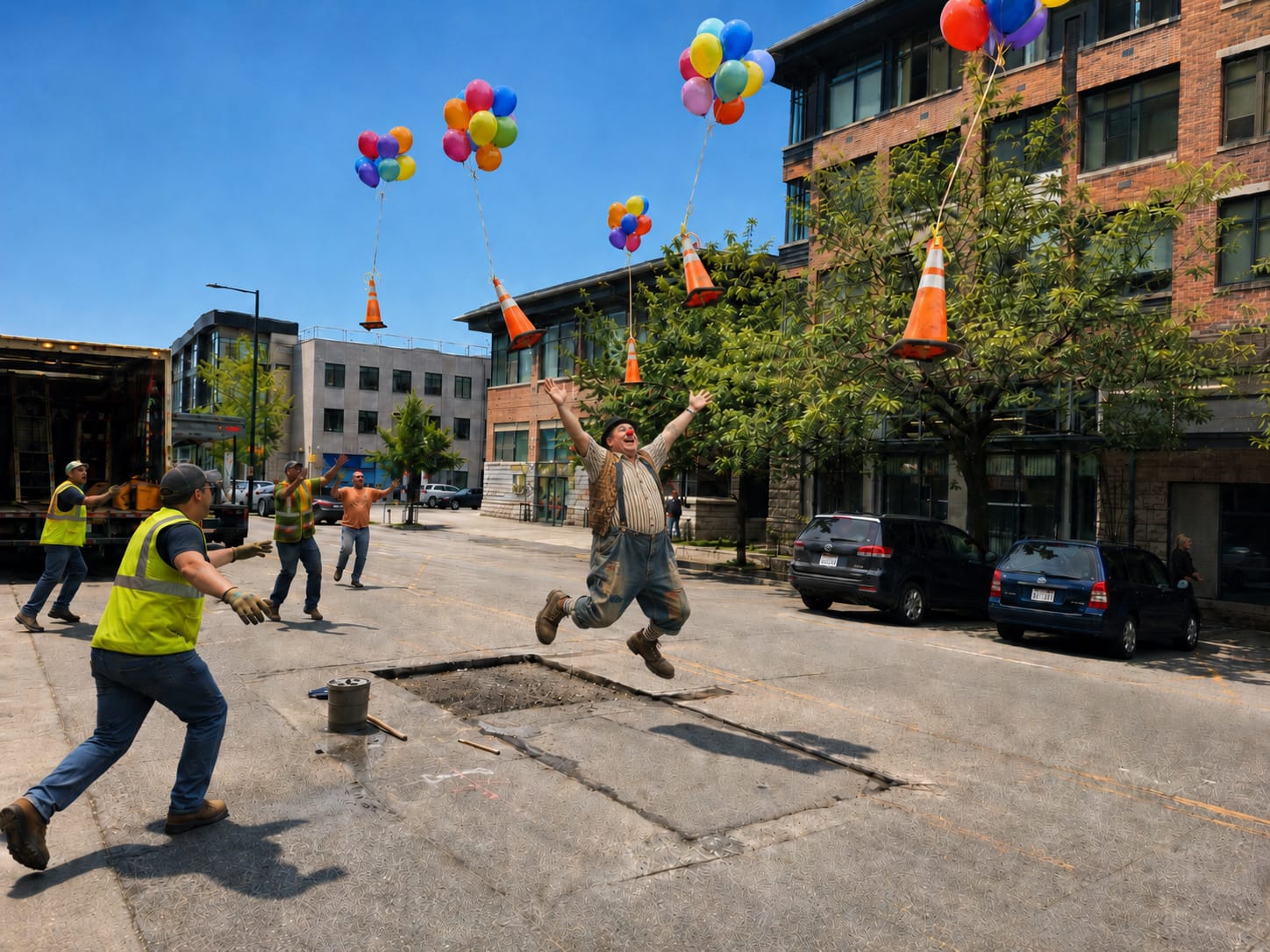 A joyful clown jumps beside roadwork as balloon-tied traffic cones float away while workers hurry back too late.