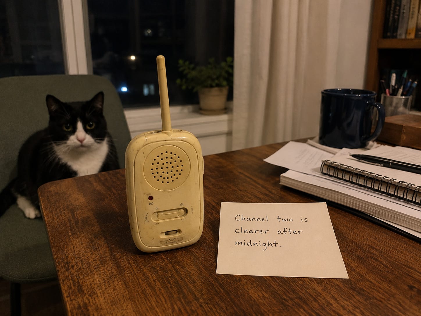 An old baby monitor sits beside a note reading “Channel two is clearer after midnight,” while Mabel watches from a nearby chair.