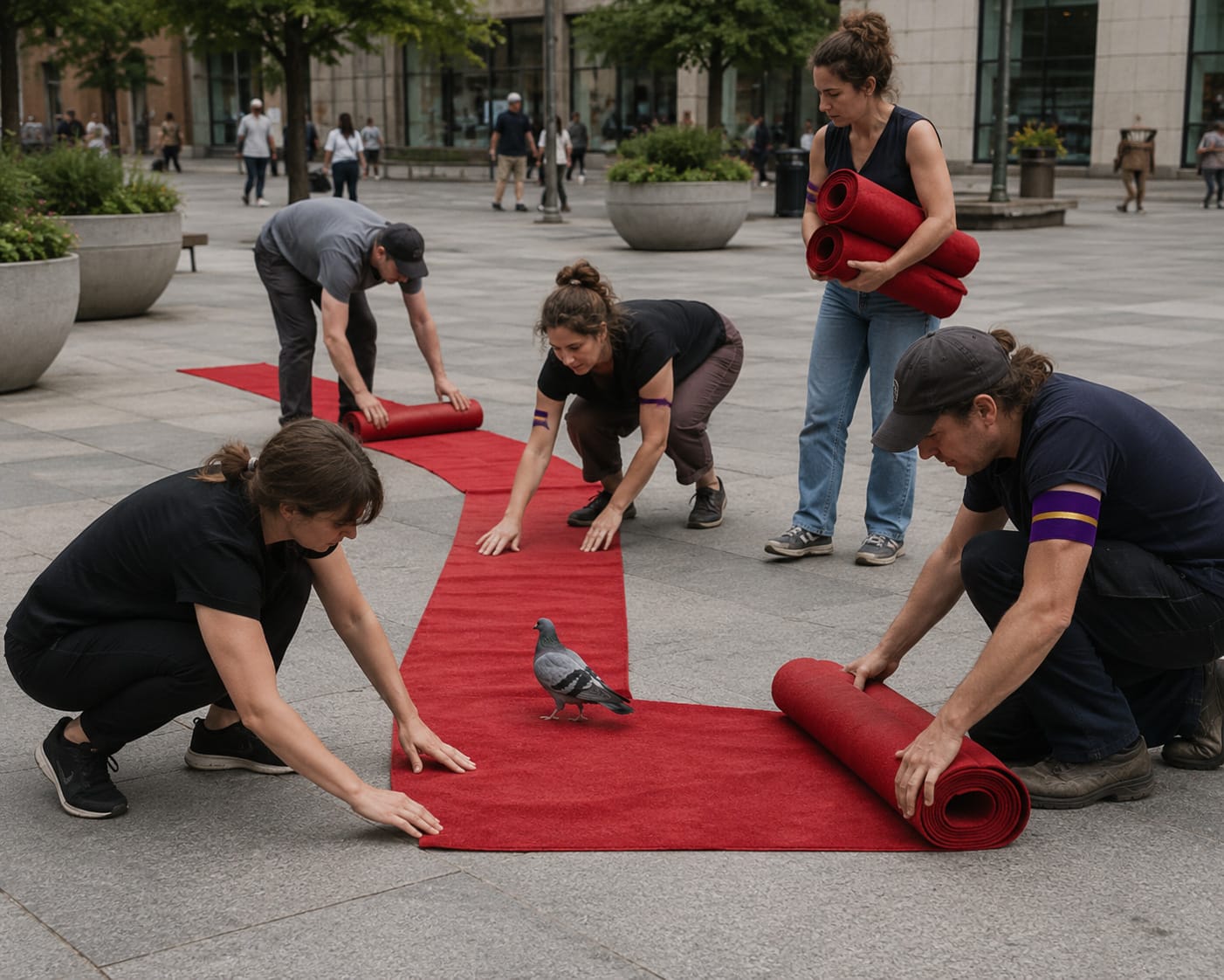 Five workers hurry to lay and reuse a red carpet beneath a pigeon crossing a downtown plaza.