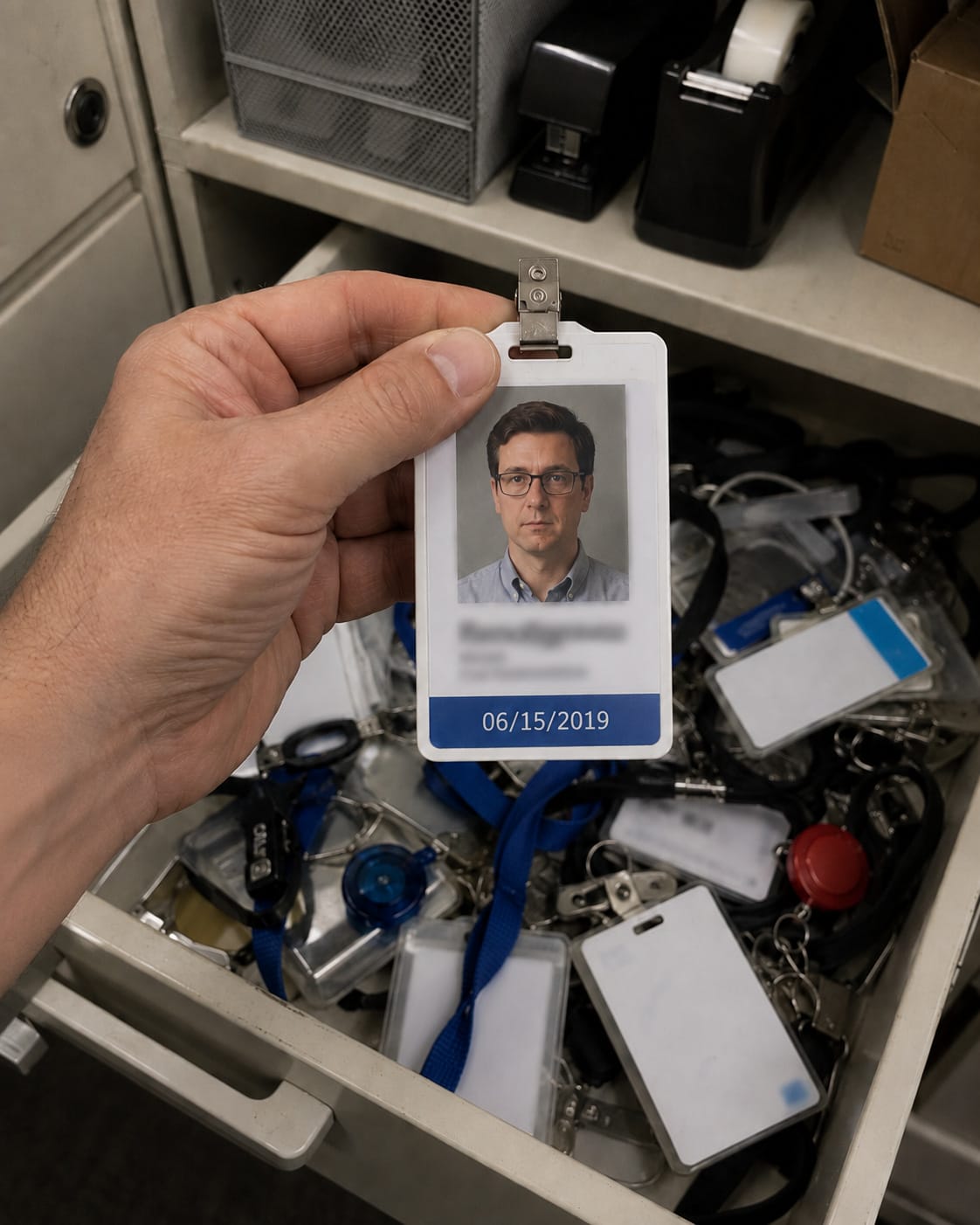 Evan holds an old employee badge dated 2019 above a drawer of tangled lanyards; the photo strongly resembles the Formal Man.
