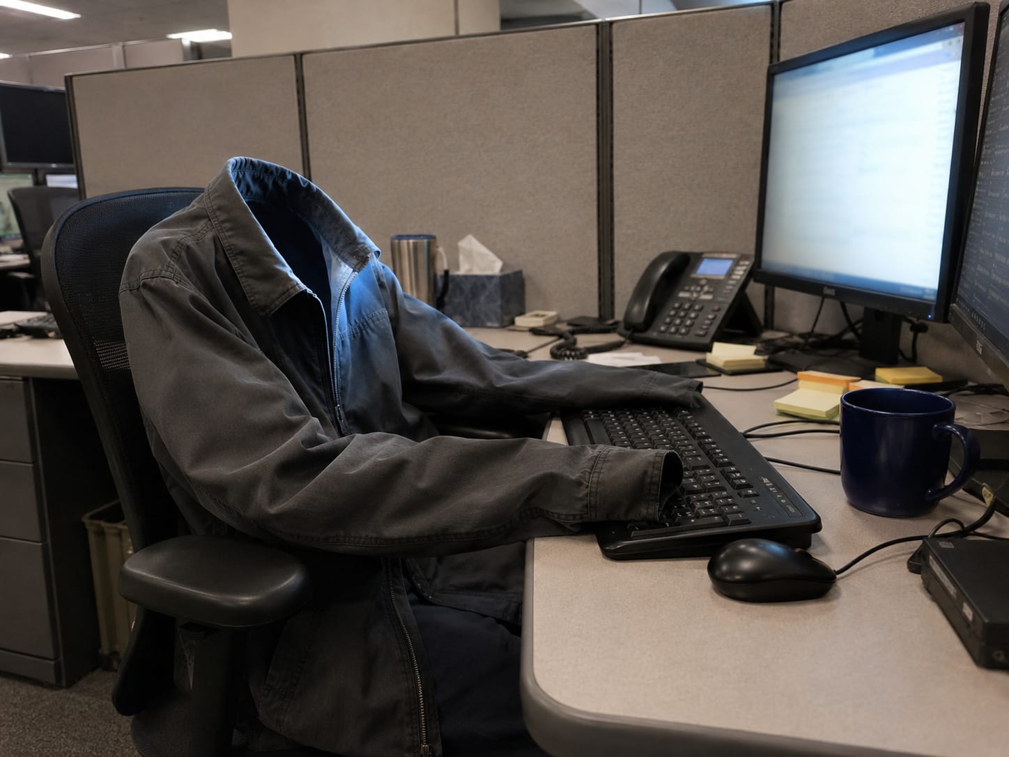 Empty office cubicle with a jacket seated at the keyboard, sleeves on the keys and monitor glow lighting the hollow collar.