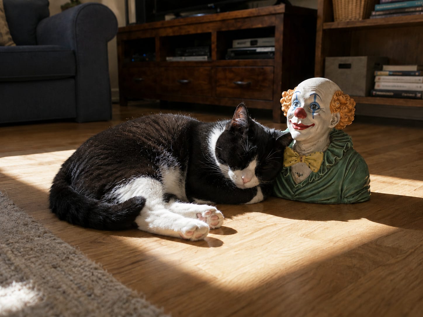 Mabel sleeps in a sunbeam, pressed comfortably against the ceramic clown bust on Evan’s living room floor.
