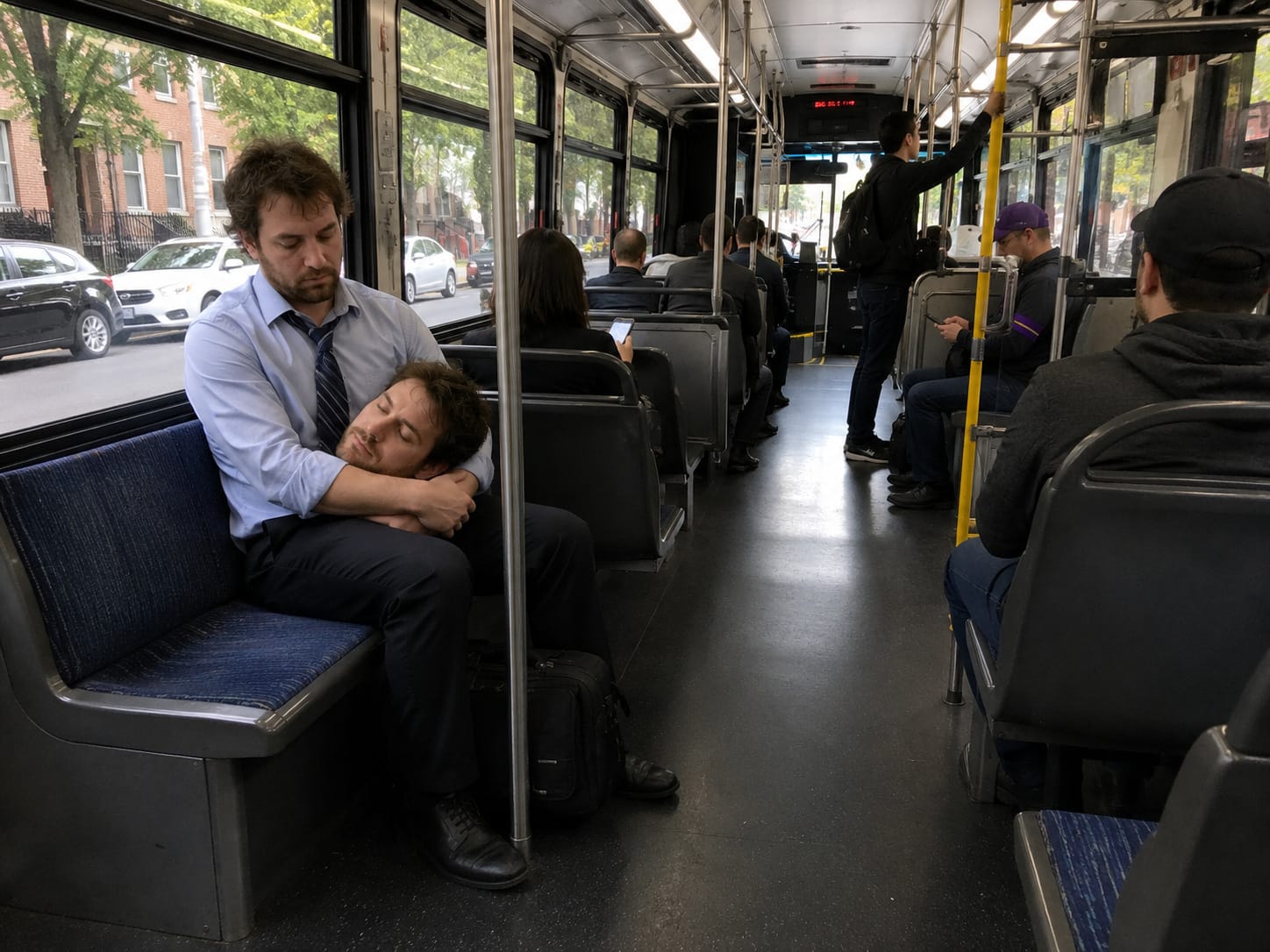 A tired commuter on a city bus cradles a sleeping duplicate of his own head while nearby passengers ignore it.