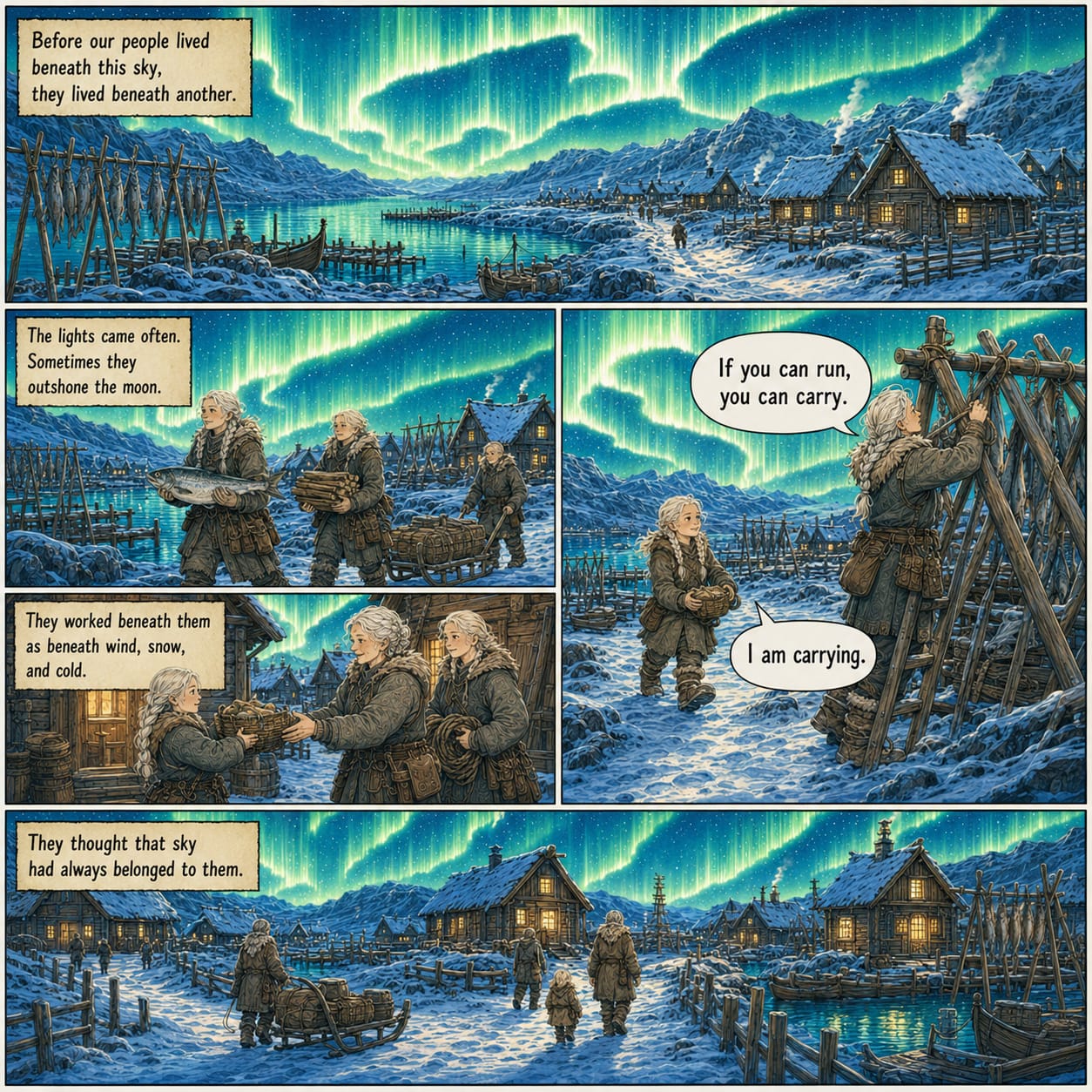 Pale-haired villagers work beneath a vast green aurora in a snowy coastal settlement, carrying fish, wood, baskets, and sleds.