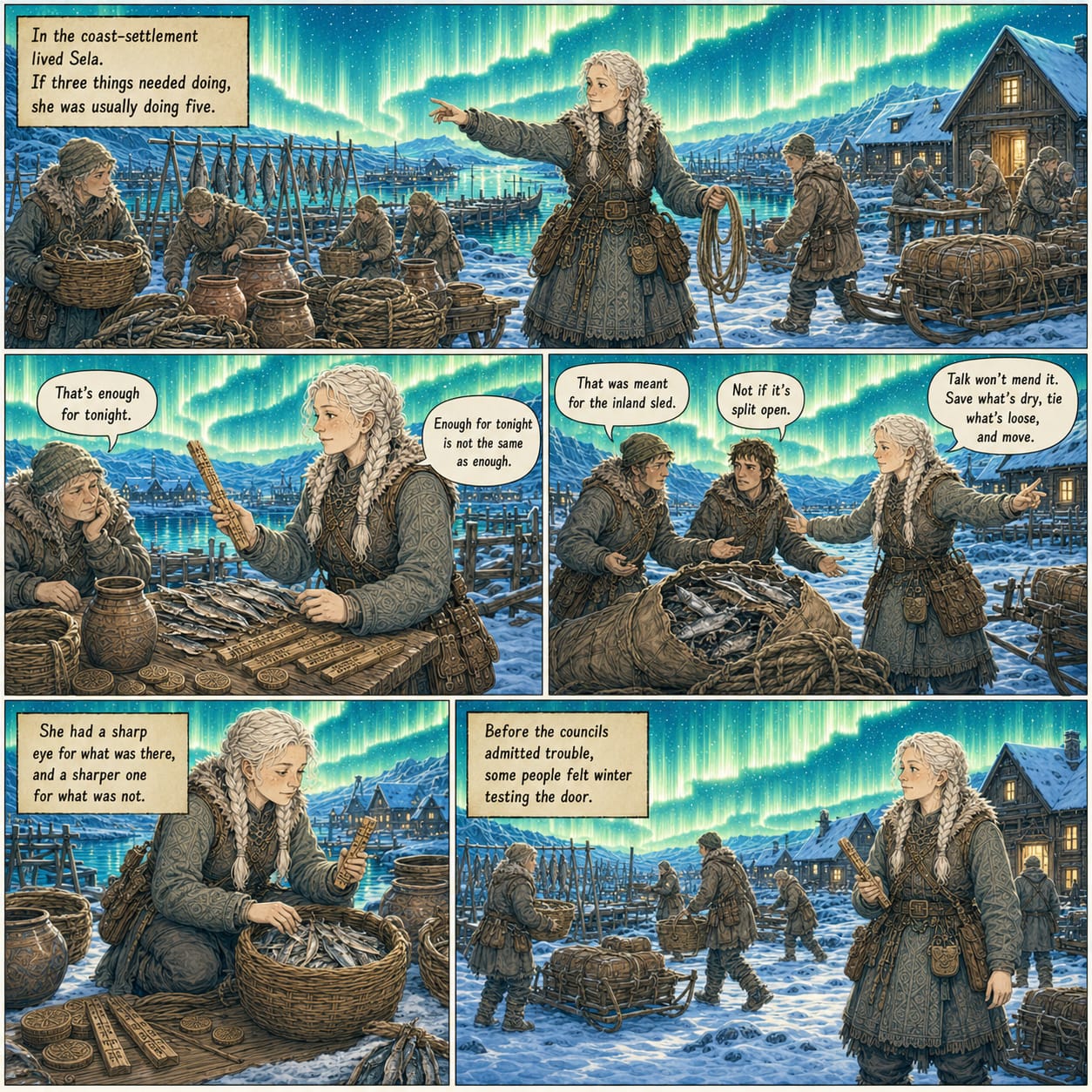 Under a bright aurora, pale-haired Sela directs workers, checks supplies, settles a dispute, and notices a troubling shortage.