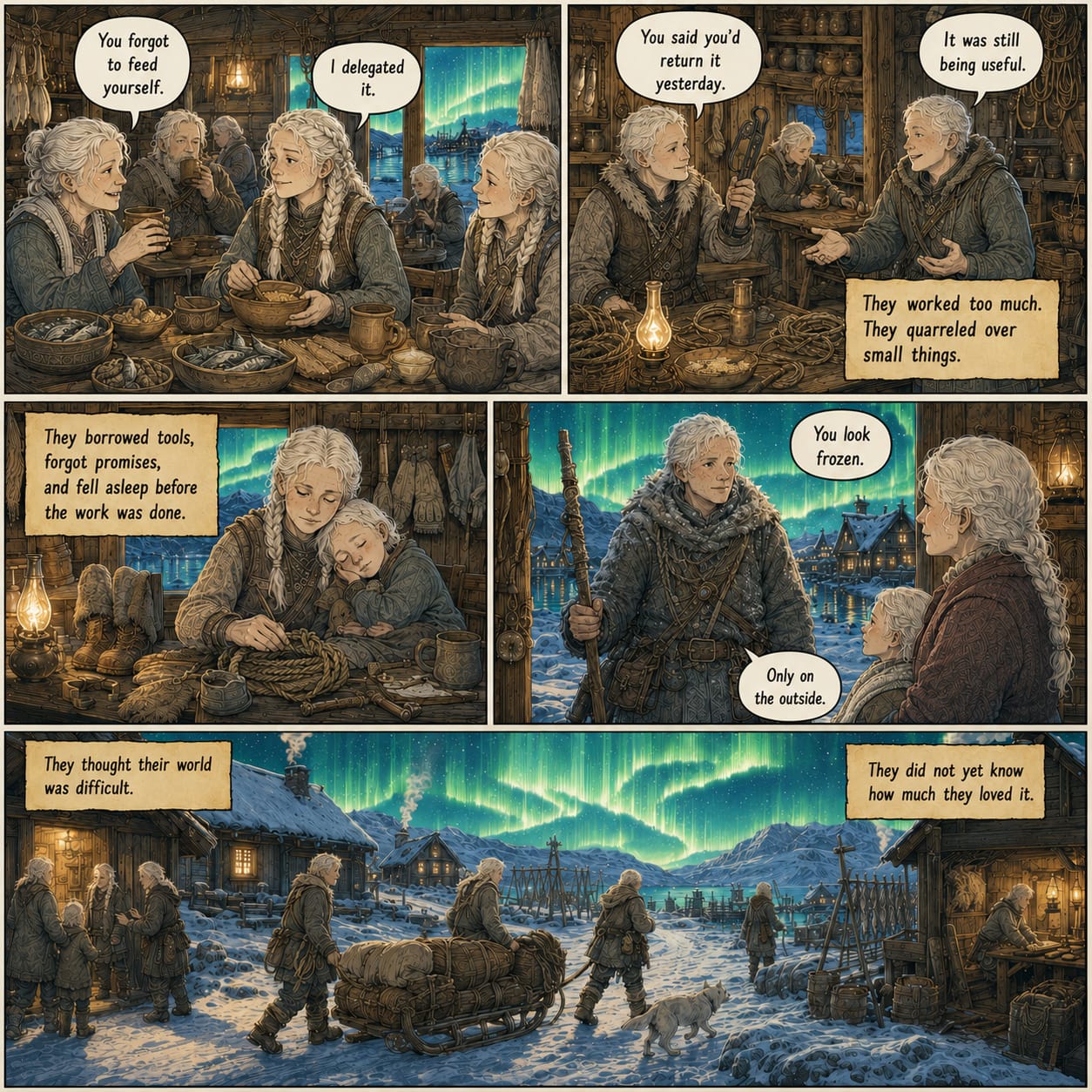 Aurora-lit northern villagers share meals, mend tools, and welcome frost-covered Rovan home before settling in for the night.