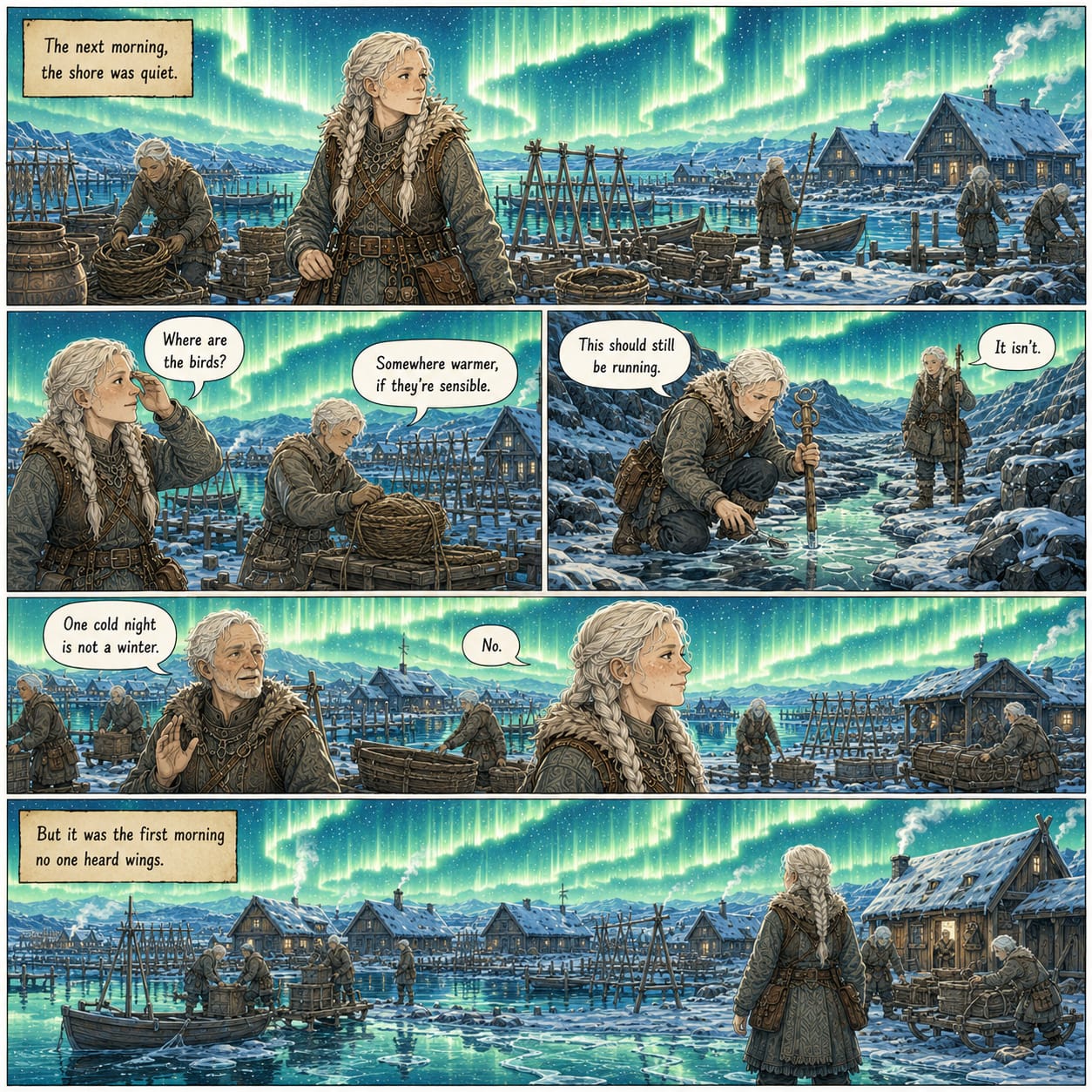 Under a blazing aurora, Sela notices a birdless shore while Rovan finds an inland stream frozen too early.