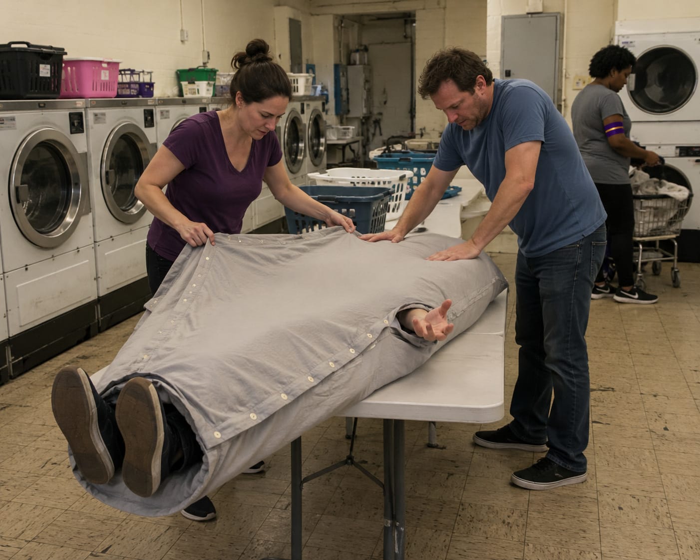 Two laundromat customers try to evict a man from their buttoned duvet cover, with only his shoes and one hand visible.