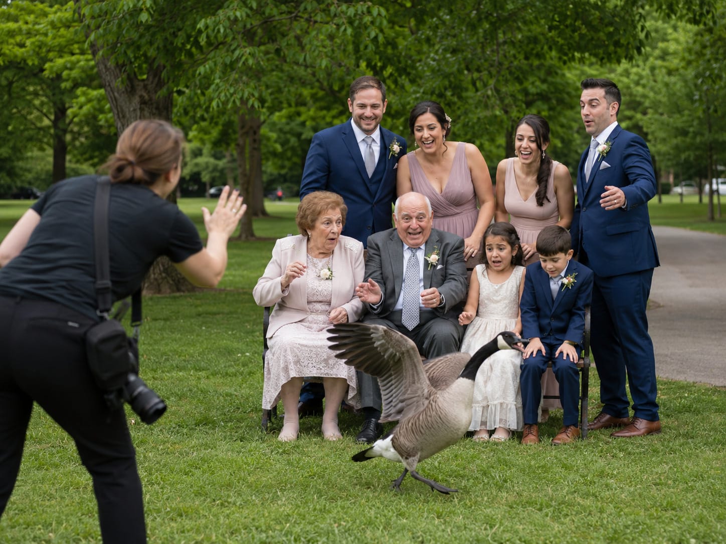 A formally dressed family reacts as a goose flaps through their outdoor portrait session in a leafy park.