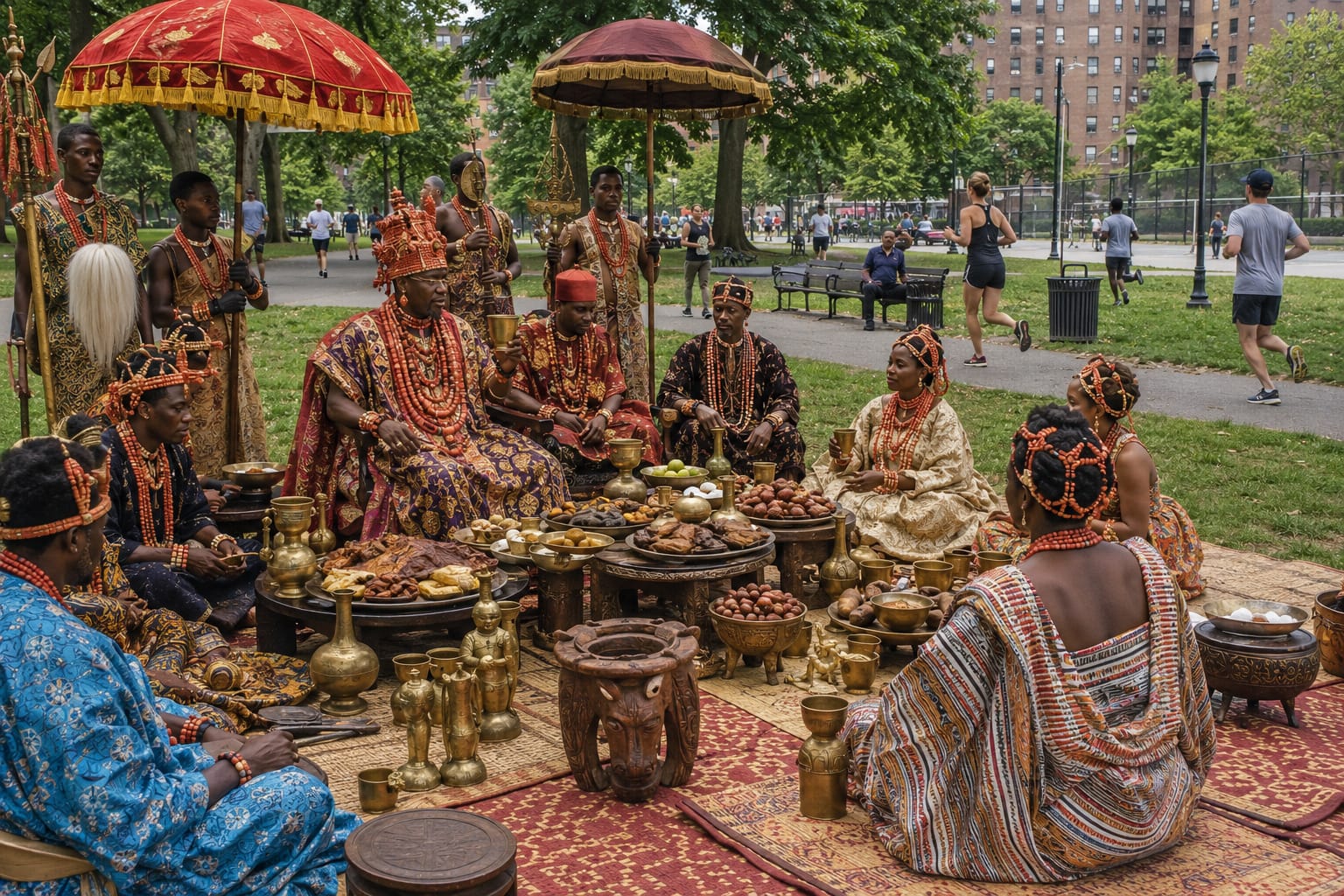 Benin courtiers in coral-bead regalia and patterned robes share a formal feast with brass vessels in a modern city park.