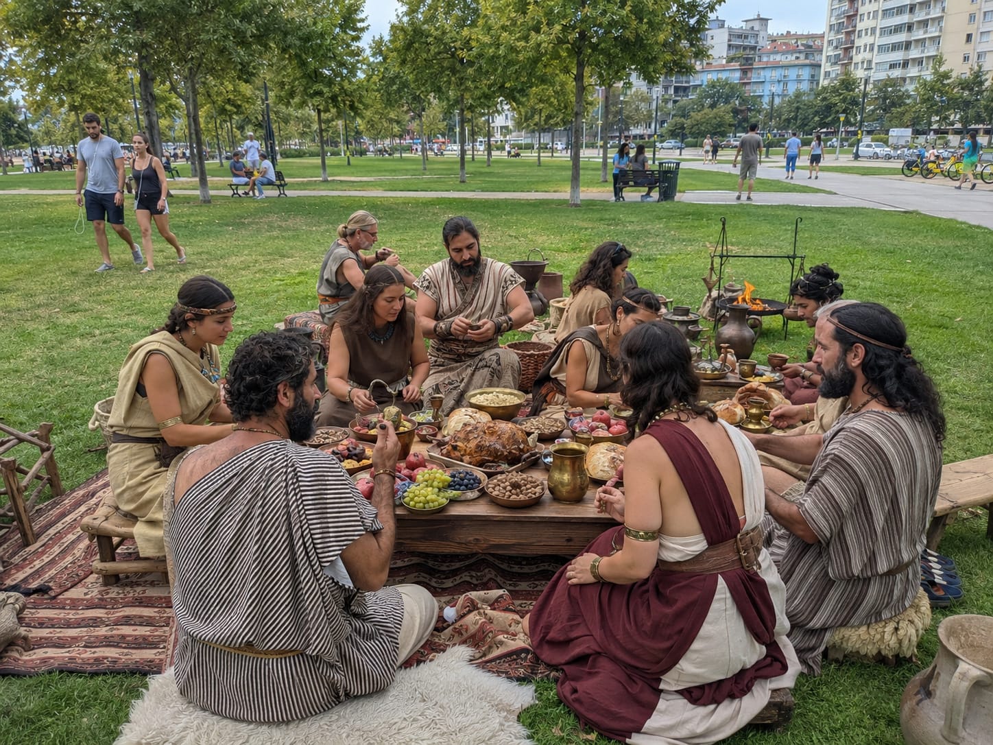 Bronze Age diners in draped garments share a low wooden feast with bronze cups and pottery in a modern city park.