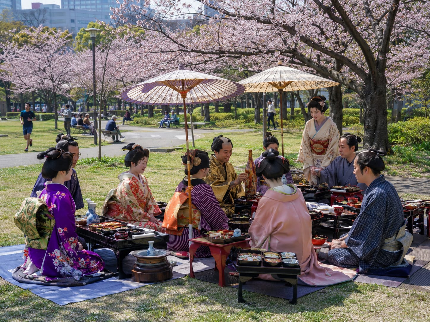 Edo-period diners in kimono share lacquered dishes beneath parasols and cherry blossoms in a modern city park.
