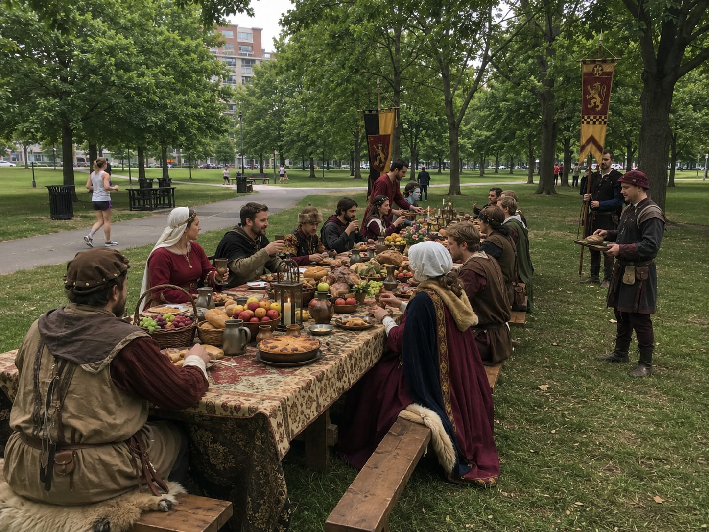 Medieval diners in period dress gather at a long outdoor feast with banners and guards in a modern park.