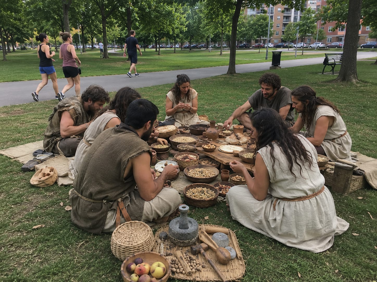 Neolithic diners in woven tunics share grains, bread, fruit, and clay vessels on mats beside a modern park path.