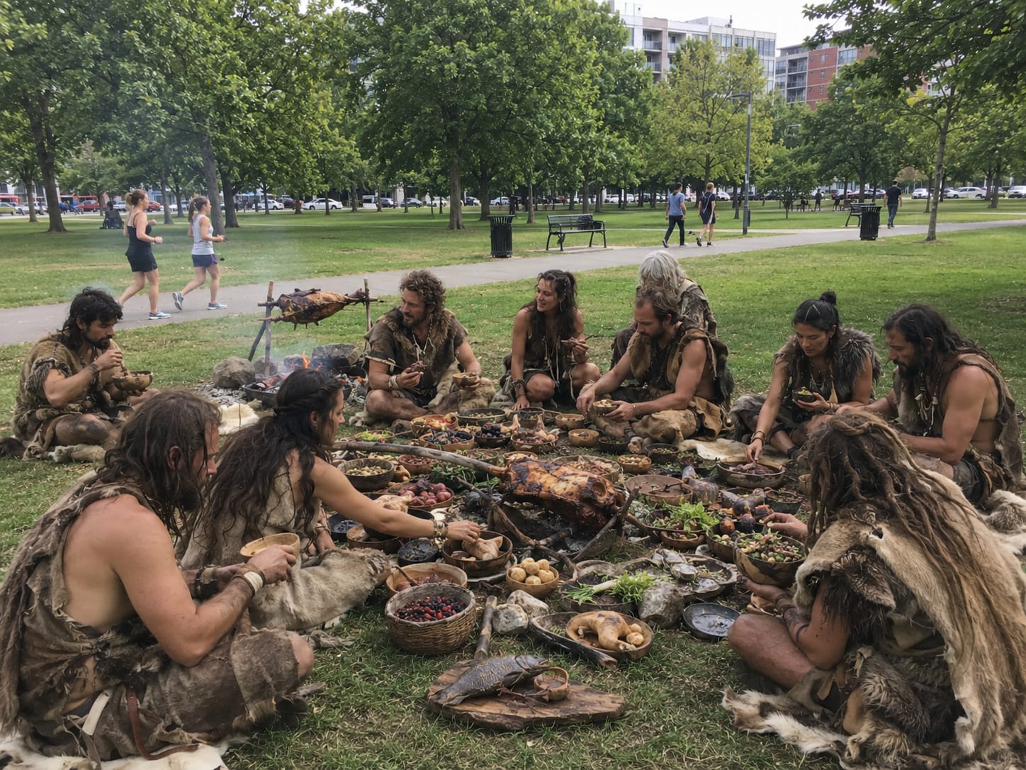Paleolithic diners in hides eat roasted meat around a low fire in a modern city park as joggers pass behind them.