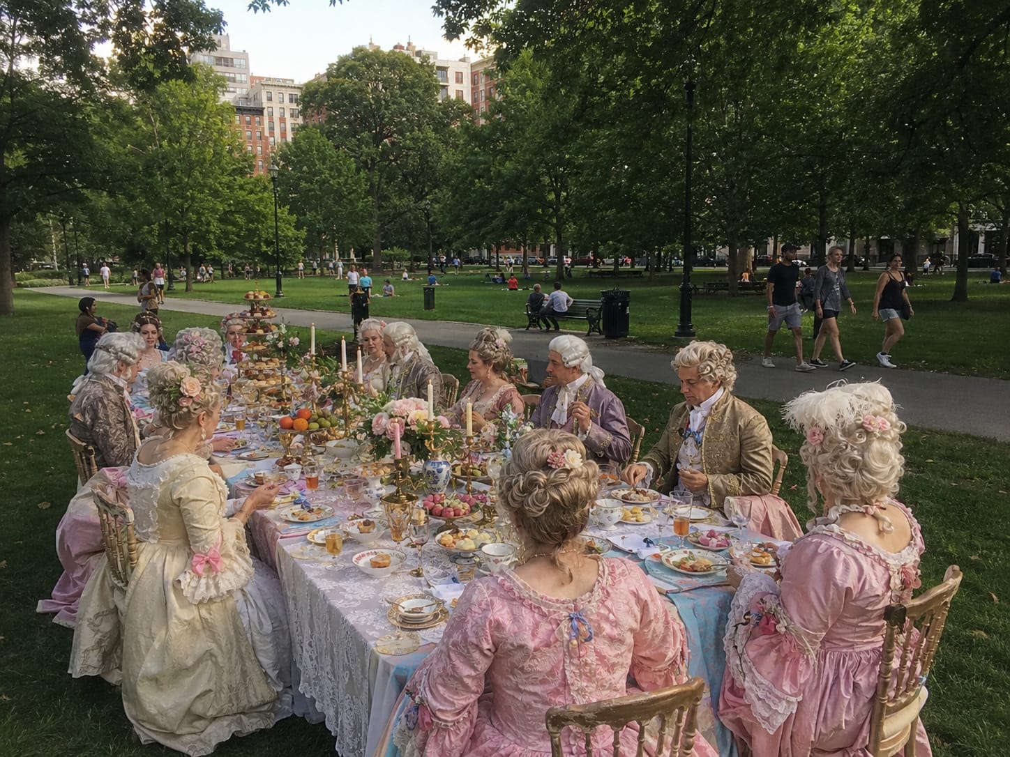Rococo guests in pastel gowns, brocade coats, and powdered wigs dine at an ornate table in a modern park.