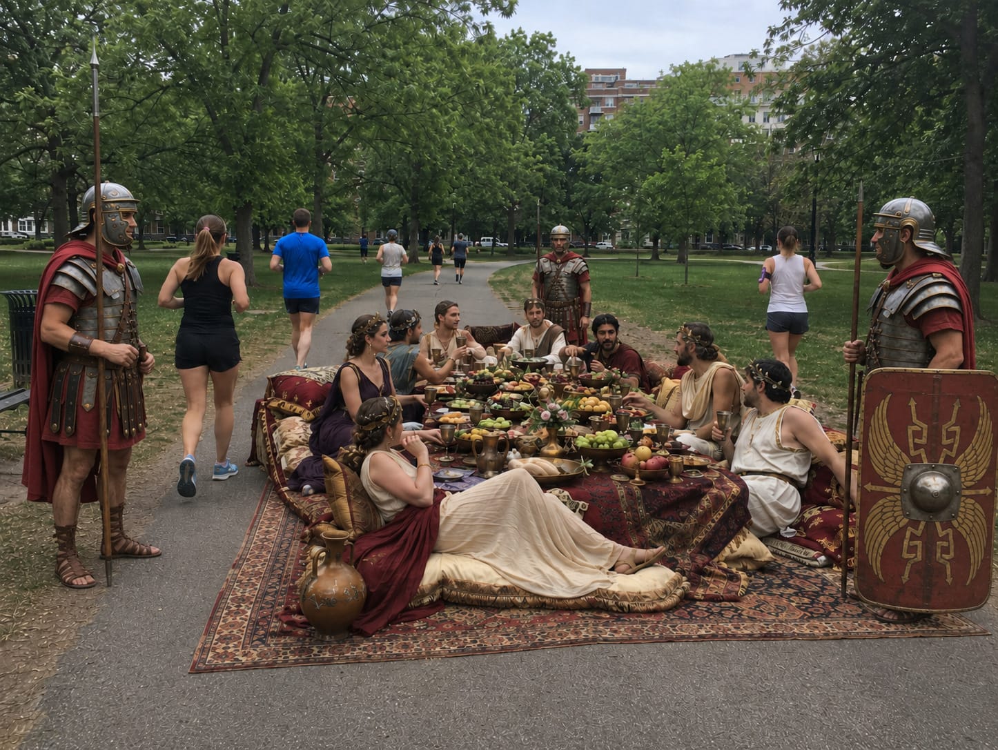 Roman feasters recline around a lavish spread in a city park while armored guards stand watch and joggers pass.