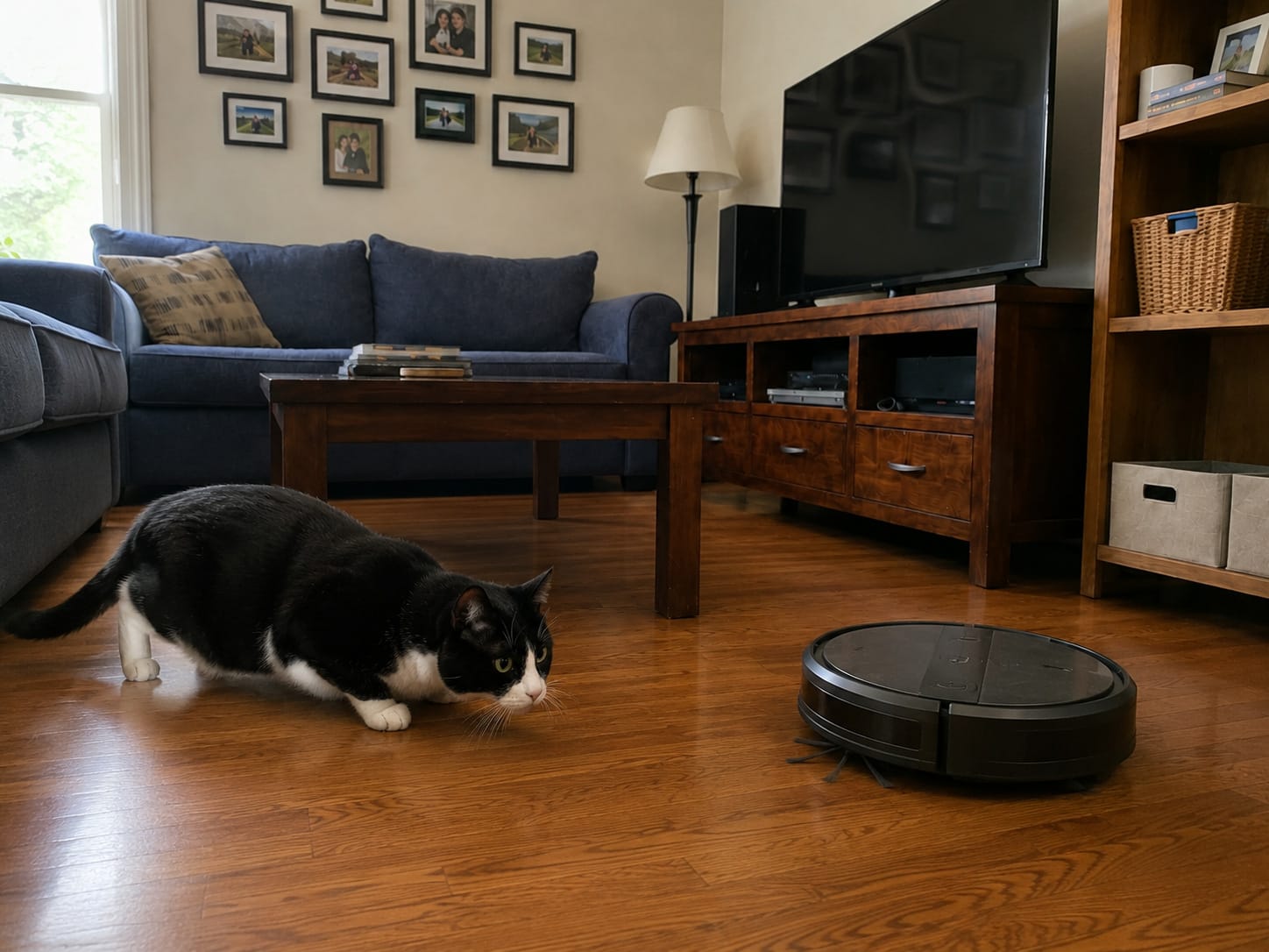 Mabel crouches behind a robot vacuum on the living-room floor, following it with cautious, curious attention.