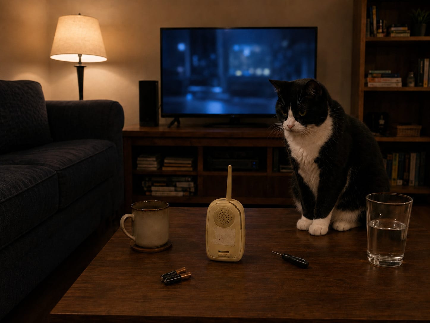 Mabel watches an old yellowed baby monitor on Evan’s coffee table late at night, beside batteries, a mug, and a glass of water.
